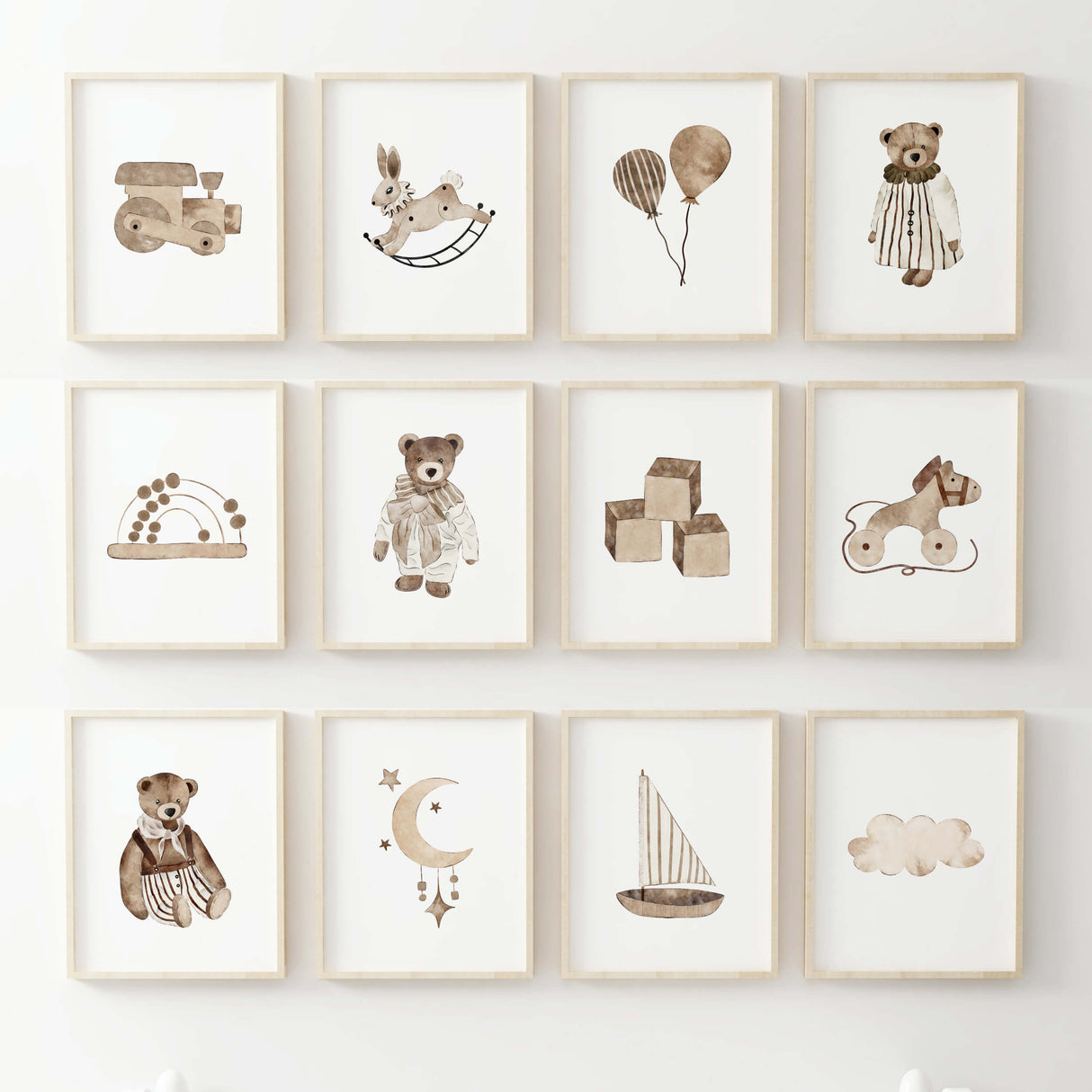 Set of 12 watercolor toys poster for gender neutral nursery decor.
