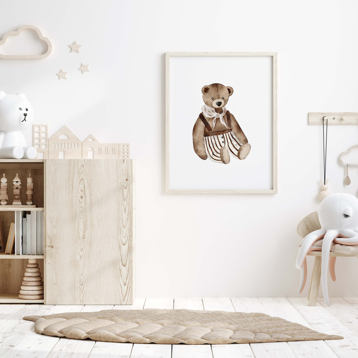 Watercolor teddy bear toys print for neutral boho wall decor.