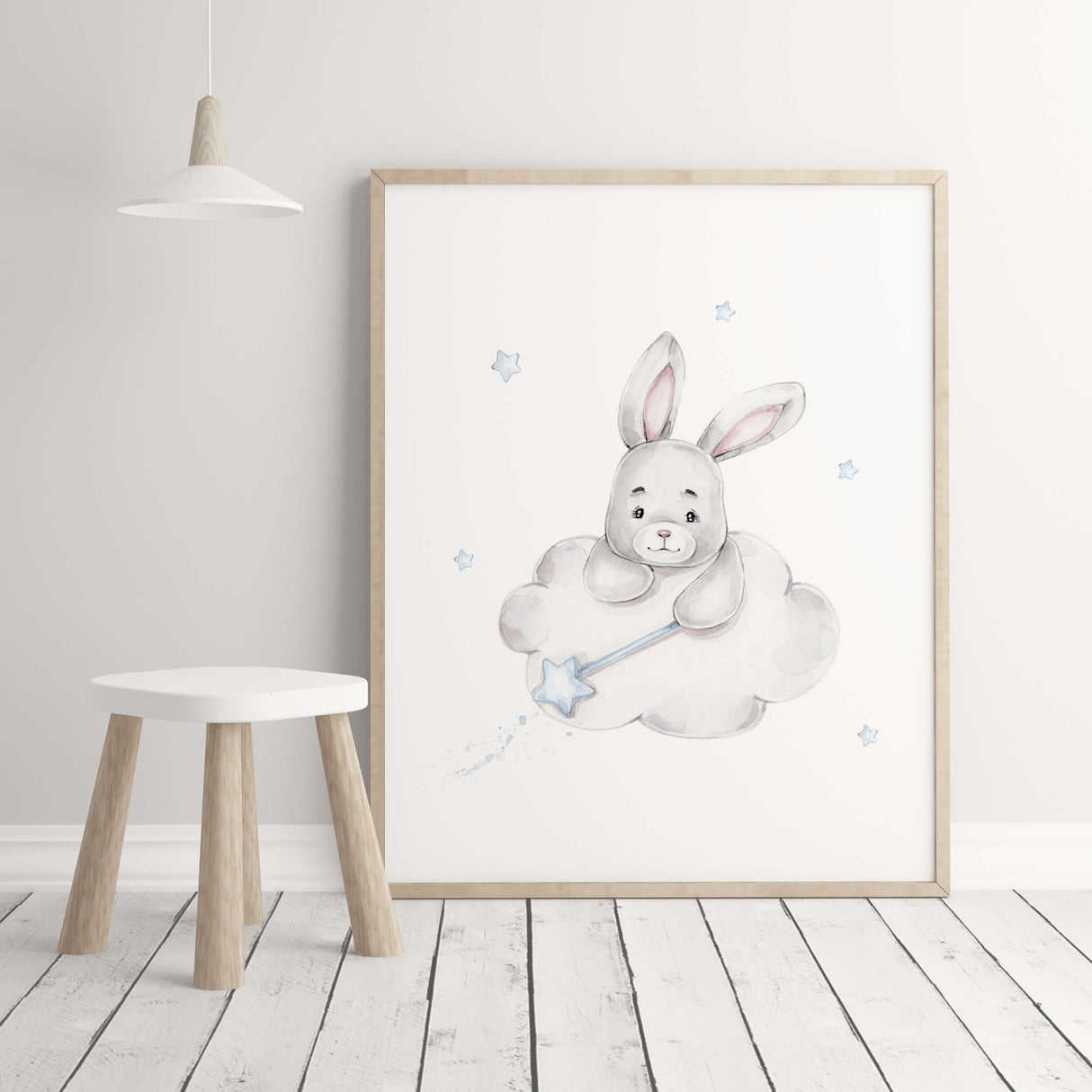 Watercolor bunny print with balloon, moon, cloud, stars in gray and blue colors for baby boys room decor, toddler room decor, gray blue nursery decor.