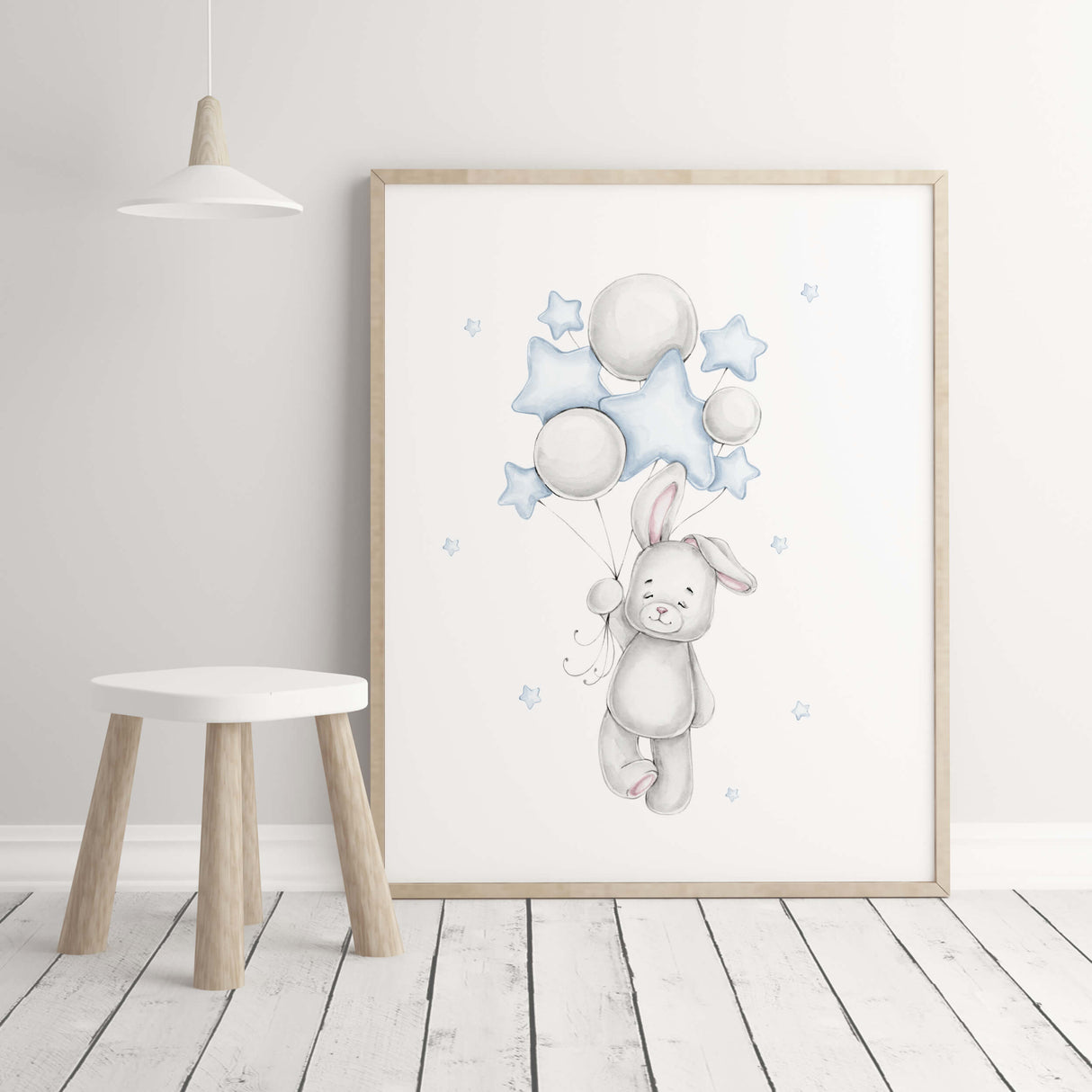 Watercolor bunny poster with balloon, moon, cloud, stars in gray and blue colors for baby boys room decor, toddler room decor, gray blue nursery decor.