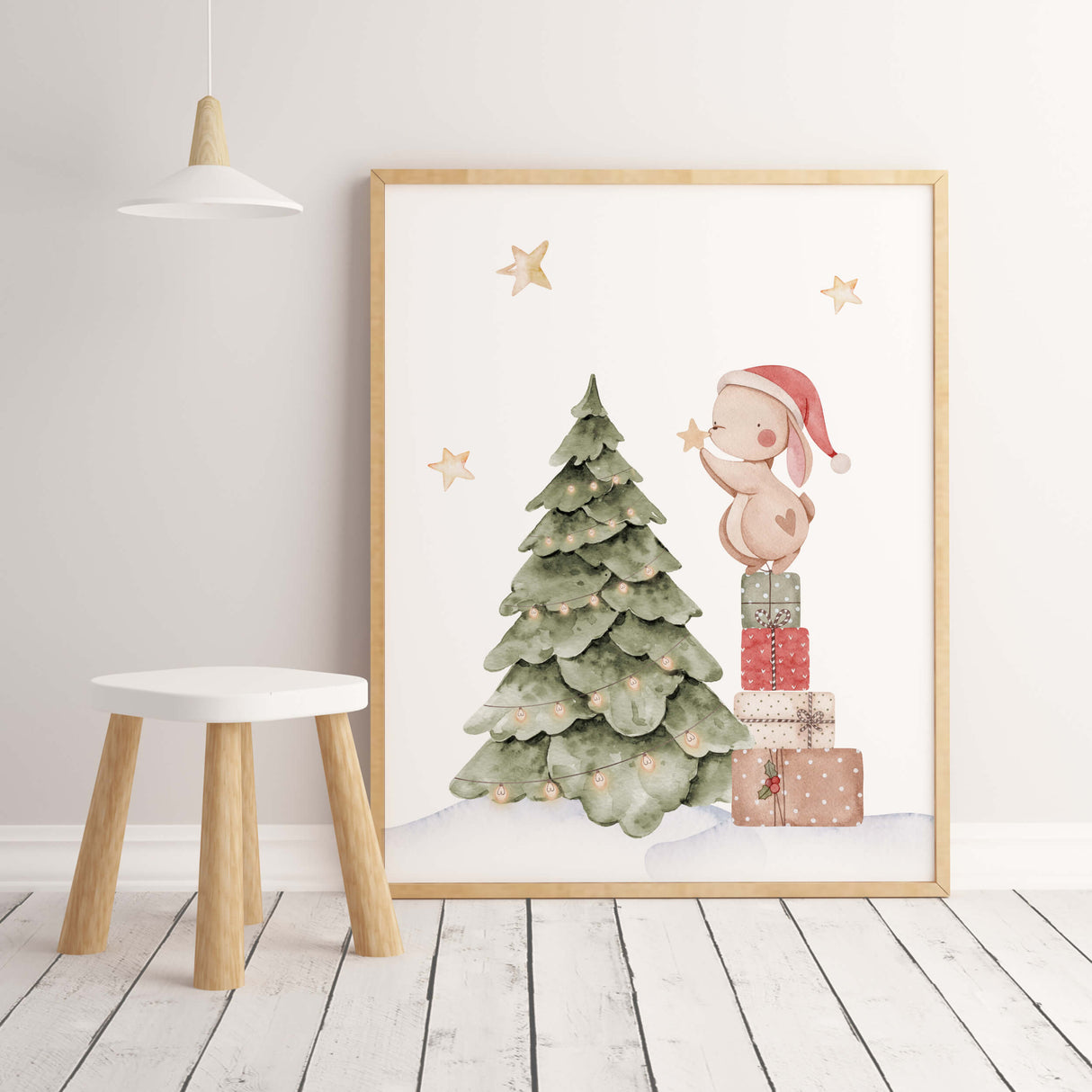 Watercolor christmas nursery print with bunny christmas decoration for christmas nursery decor.