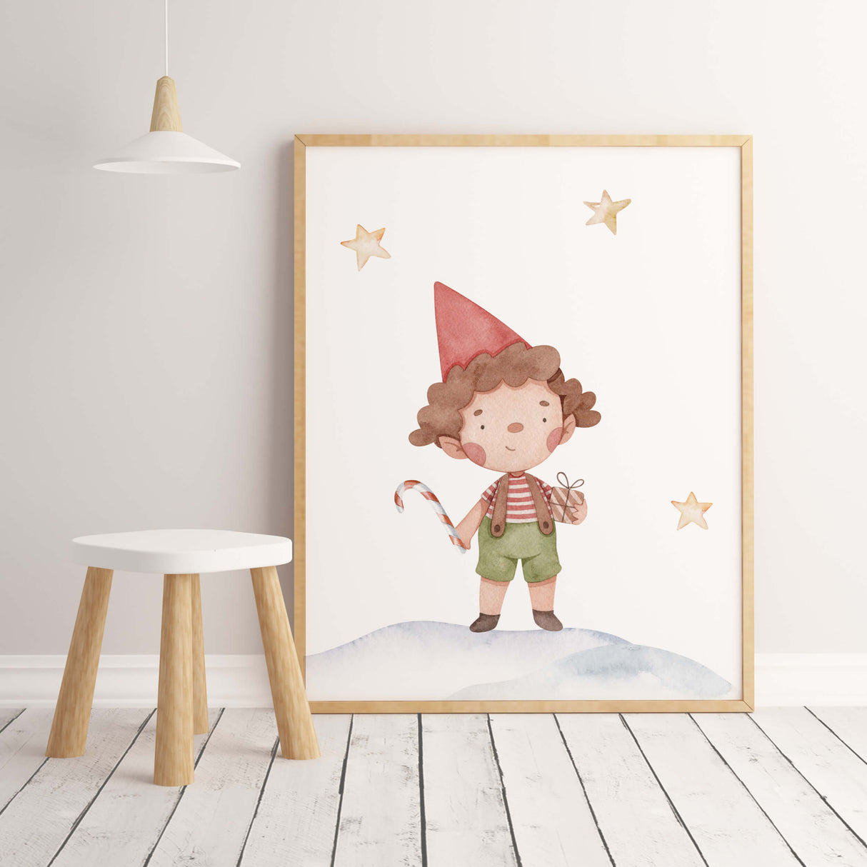 Watercolor christmas nursery print with little boy for christmas nursery decor.