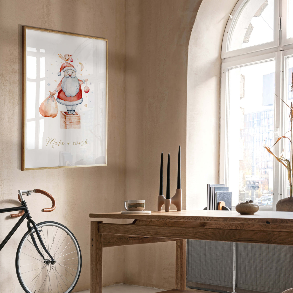 Watercolor Santa Claus nursery print with Make a wish quote for christmas and winter nursery wall decor..