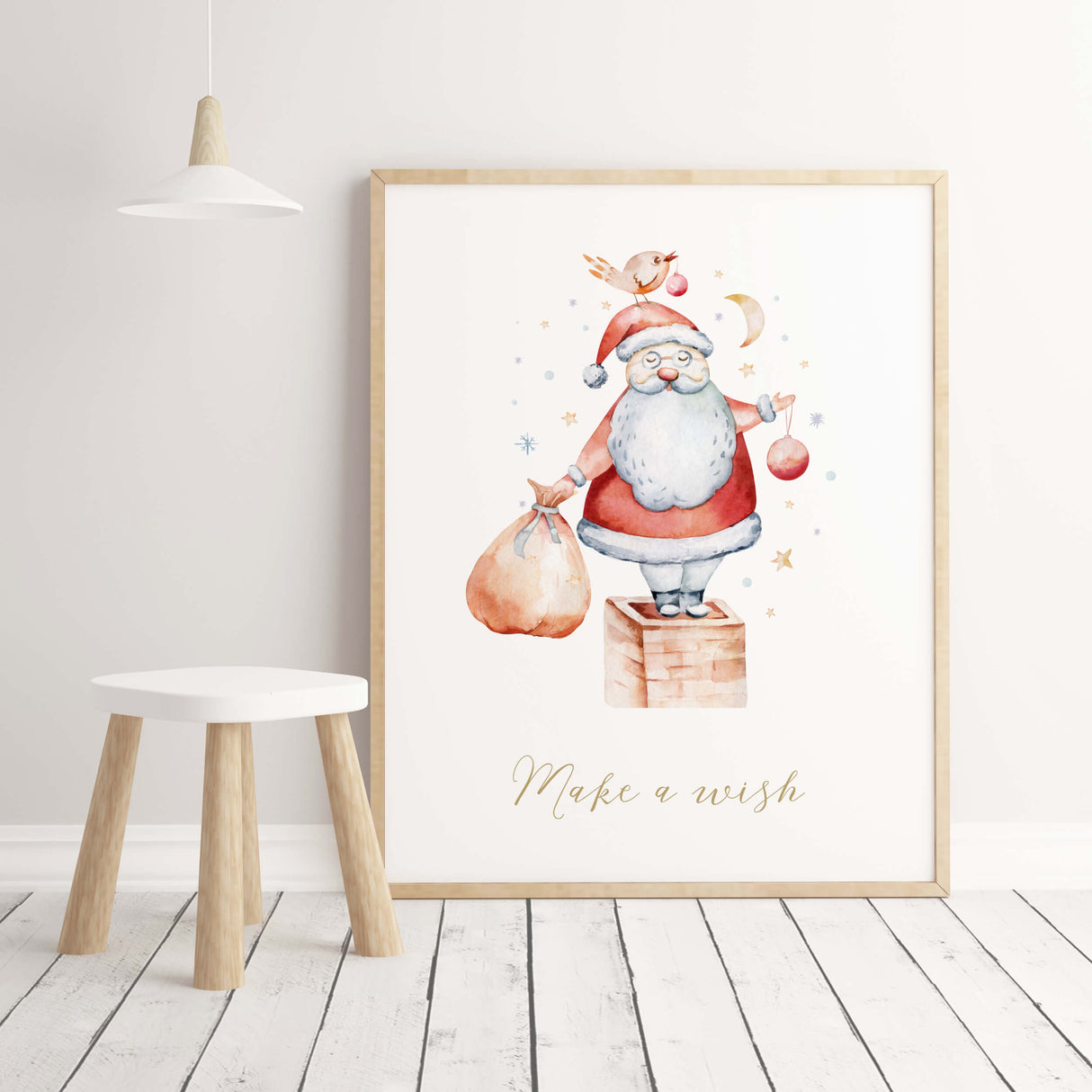 Watercolor Santa Claus nursery print with Make a wish quote for christmas and winter nursery wall decor..