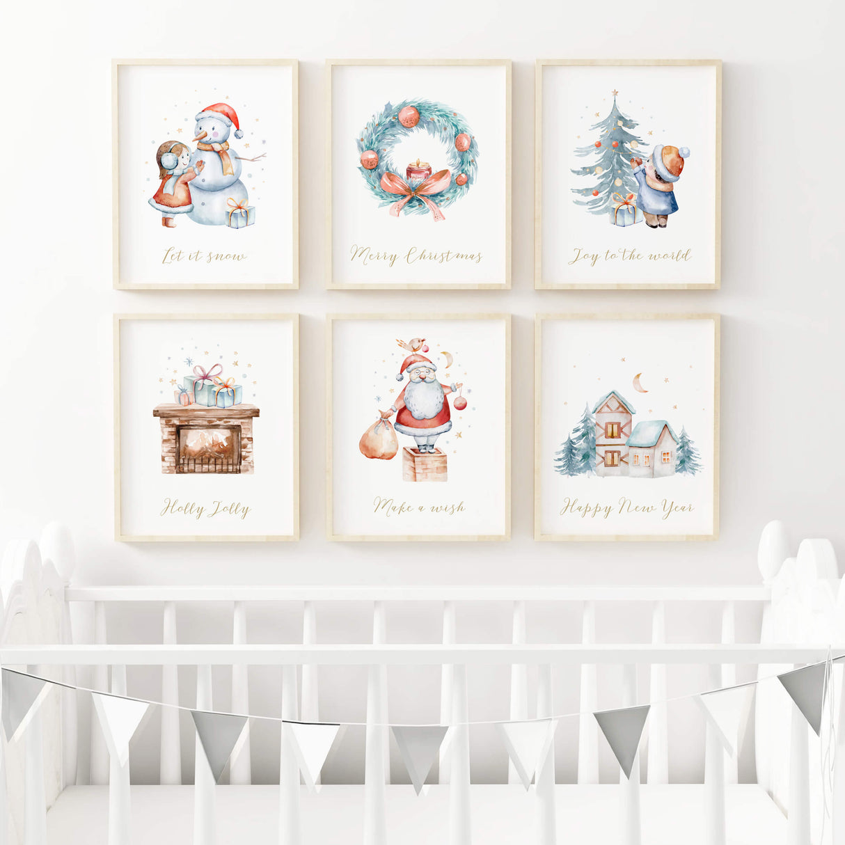 Set of 6 watercolor christmas nursery poster  with quote for christmas and winter nursery wall decor, includes quote: Let it snow, Merry Christmas, Joy to the world, Holly Jolly, Make a wish, Happy New Year.