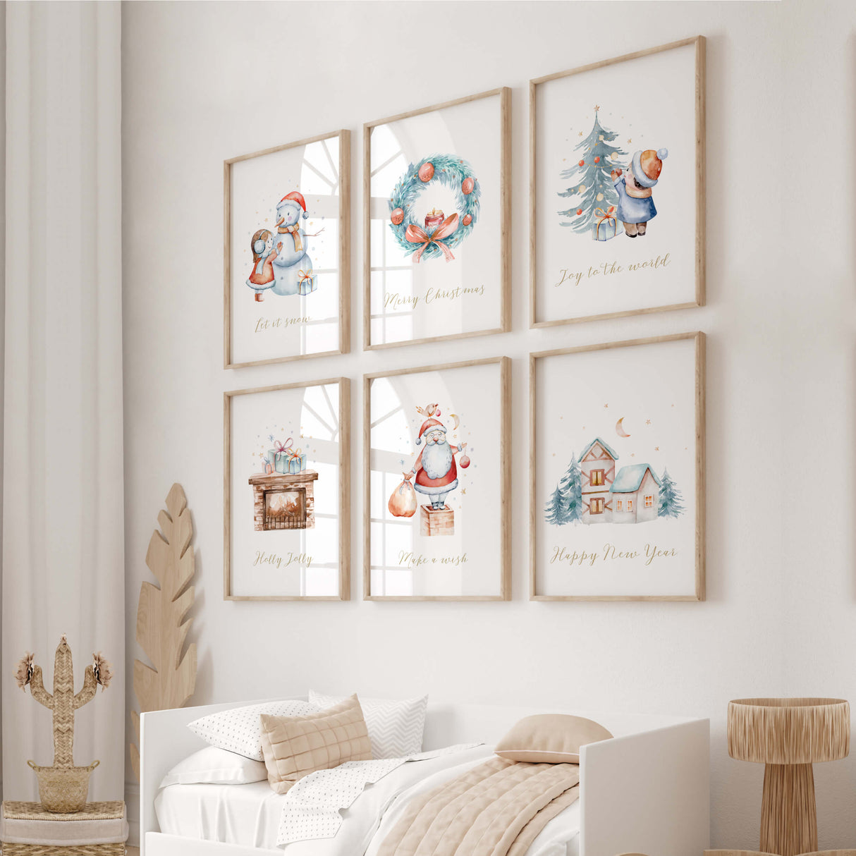 Set of 6 watercolor christmas nursery printable with quote for christmas and winter nursery wall decor, includes quote: Let it snow, Merry Christmas, Joy to the world, Holly Jolly, Make a wish, Happy New Year.