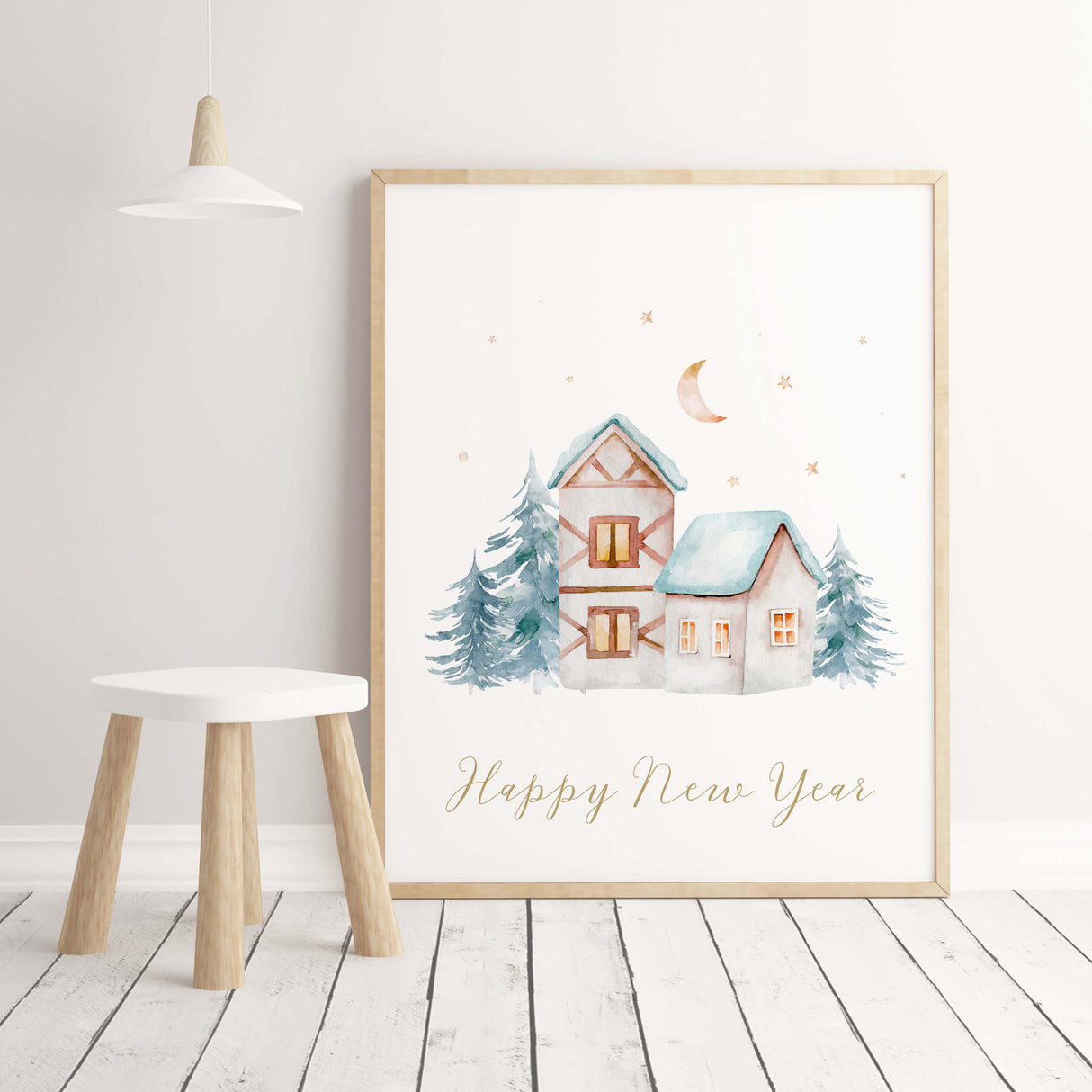 Watercolor christmas houses nursery print with Happy New Year quote for christmas and winter nursery wall decor..