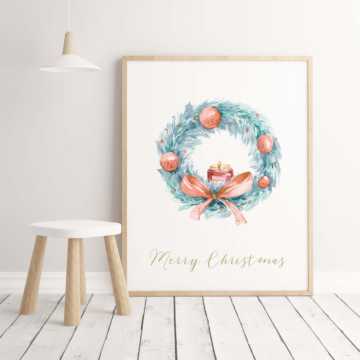 Watercolor pine wreath nursery print with Merry Christmas quote for christmas and winter nursery wall decor..