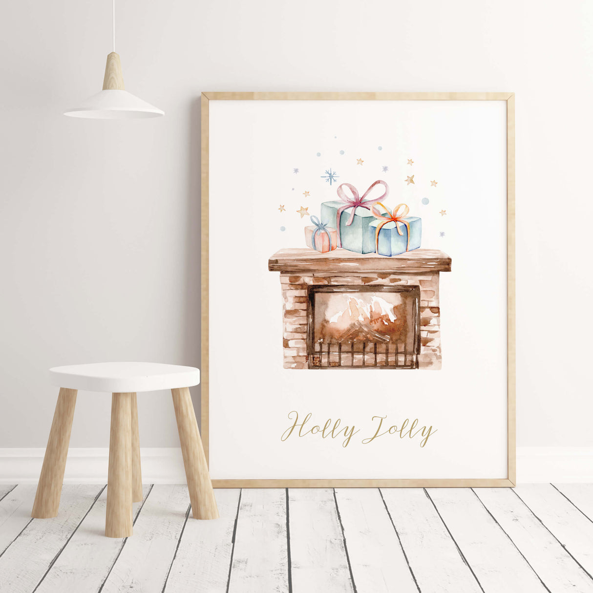 Watercolor fireplace nursery print with Holly Jolly quote for christmas and winter nursery wall decor..