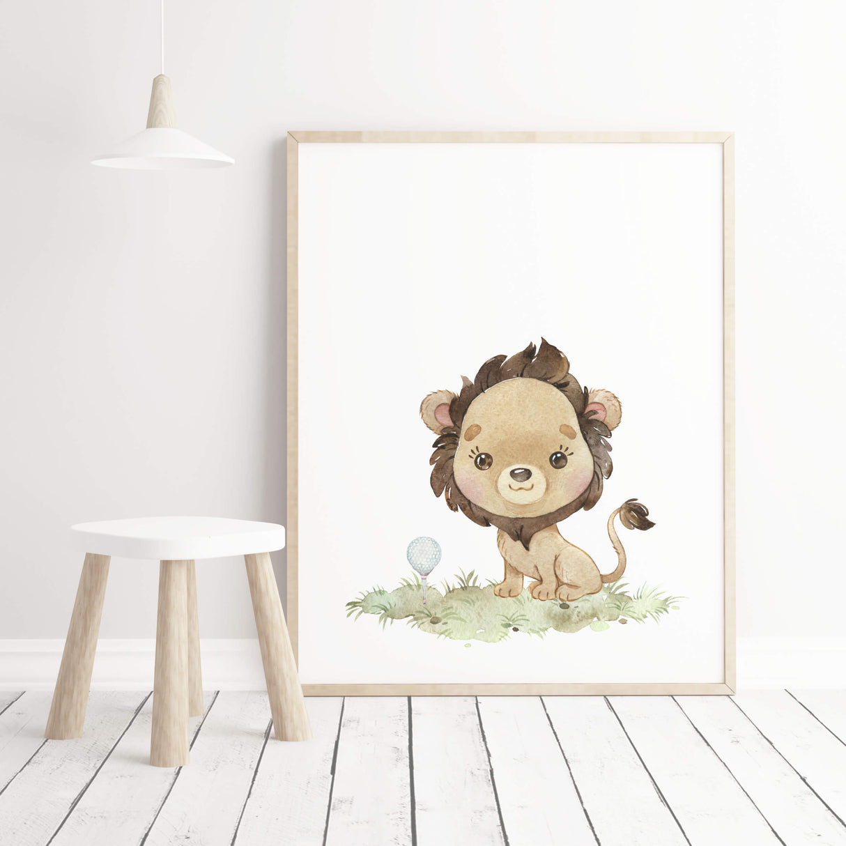 Watercolor safari animals with golf nursery printable with lion in gray, brown and pink colors for baby girls room decor and kids room decor.