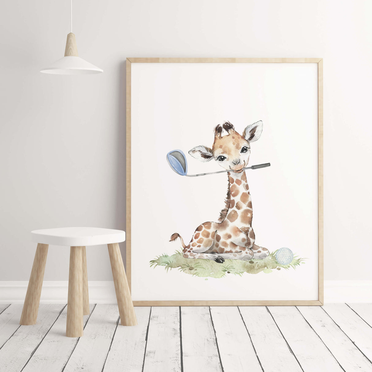 Watercolor golf nursery printable with safari animals: giraffe in light blue, brown, gray colors for toddler room decor and boys room decor, sport nursery decor, golf nursery decor.