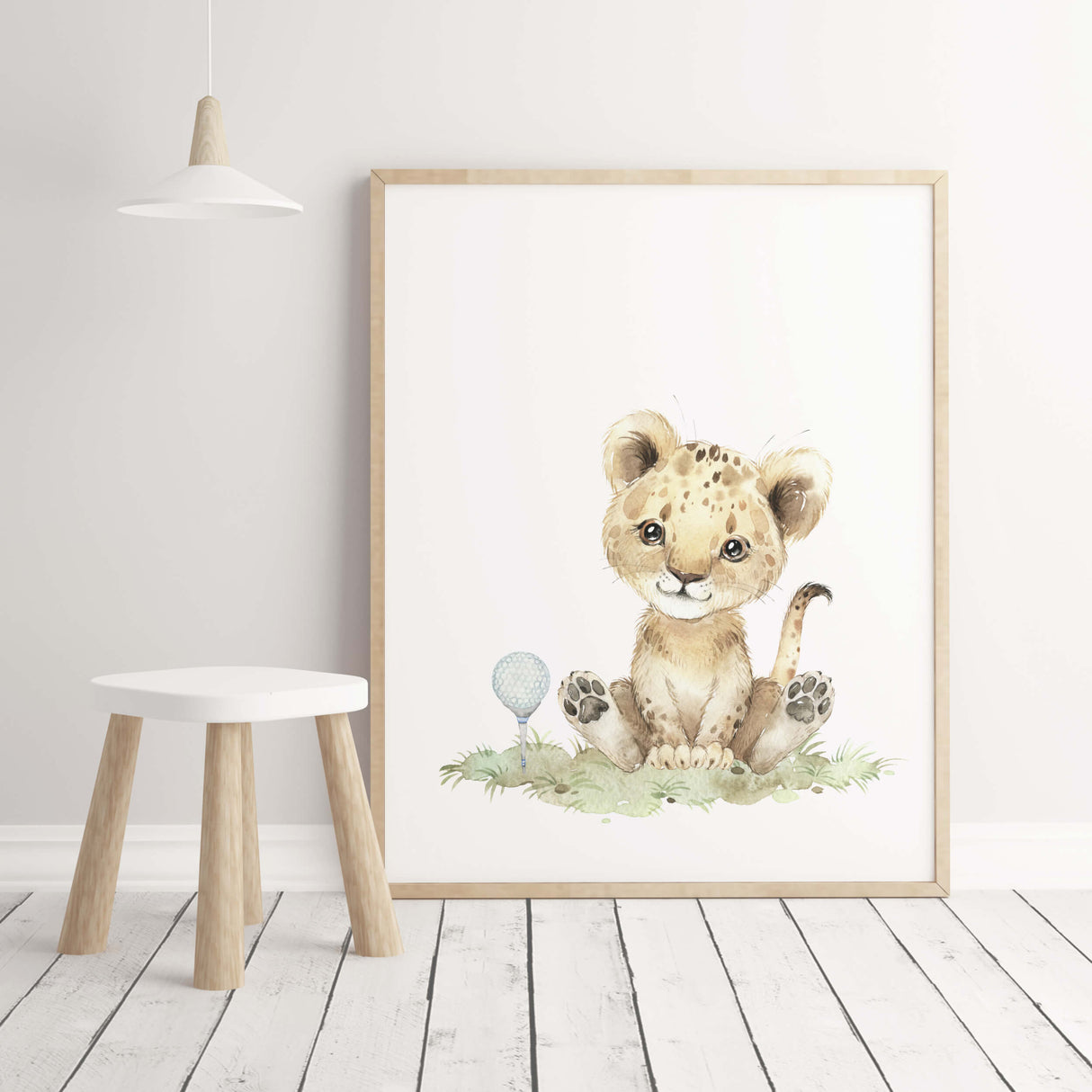 Watercolor golf nursery printable with safari animal: lion in light blue, brown, gray colors for toddler room decor and boys room decor, sport nursery decor, golf nursery decor.