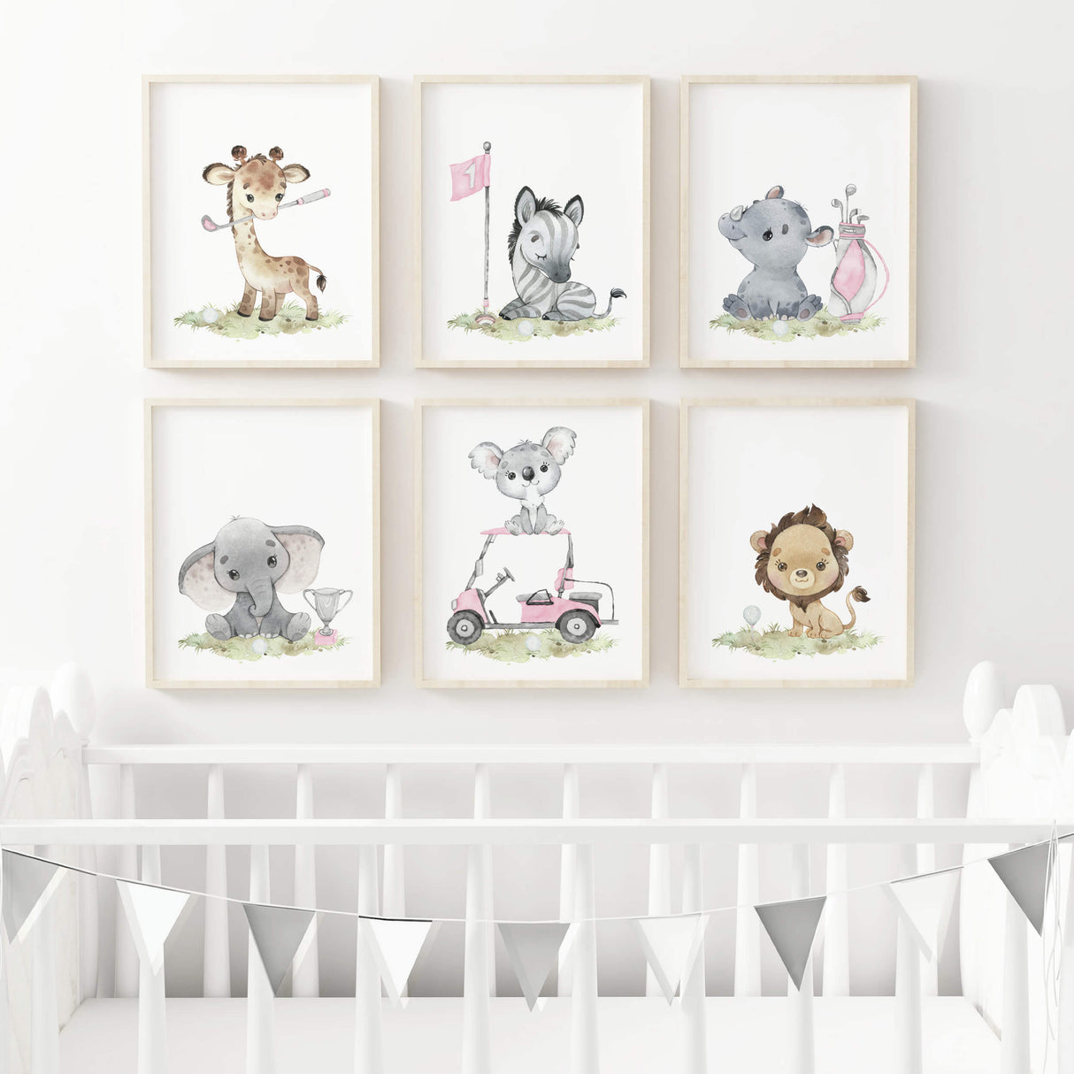 Watercolor safari animals with golf nursery poster with giraffe, zebra, rhino, elephant, koala, lion in gray, brown and pink colors for baby girls room decor and kids room decor.