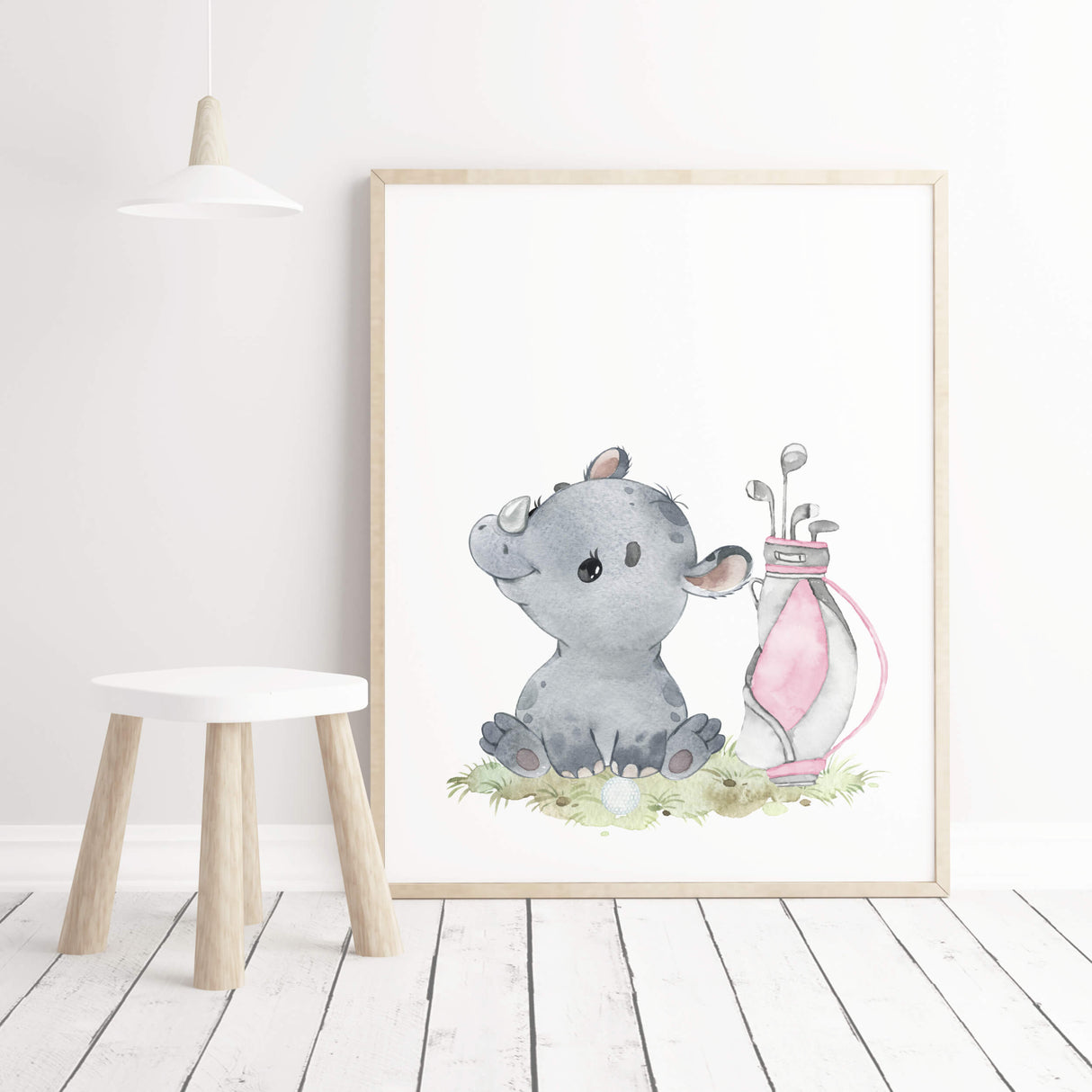 Watercolor safari animals with golf nursery printable with rhino in gray, brown and pink colors for baby girls room decor and kids room decor.
