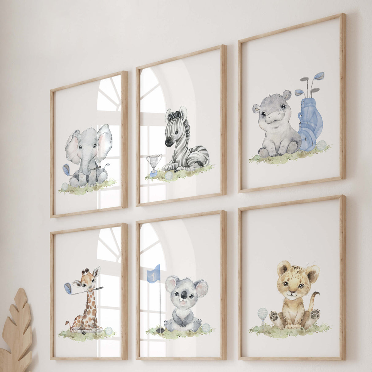 Watercolor golf nursery printable with safari animals: elephant, zebra, hippo, giraffe, koala, lion in light blue, brown, gray colors for toddler room decor and boys room decor, sport nursery decor, golf nursery decor.