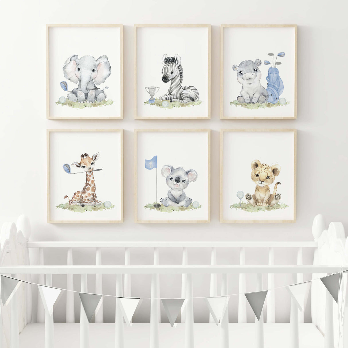 Watercolor golf nursery poster with safari animals: elephant, zebra, hippo, giraffe, koala, lion in light blue, brown, gray colors for toddler room decor and boys room decor, sport nursery decor, golf nursery decor.