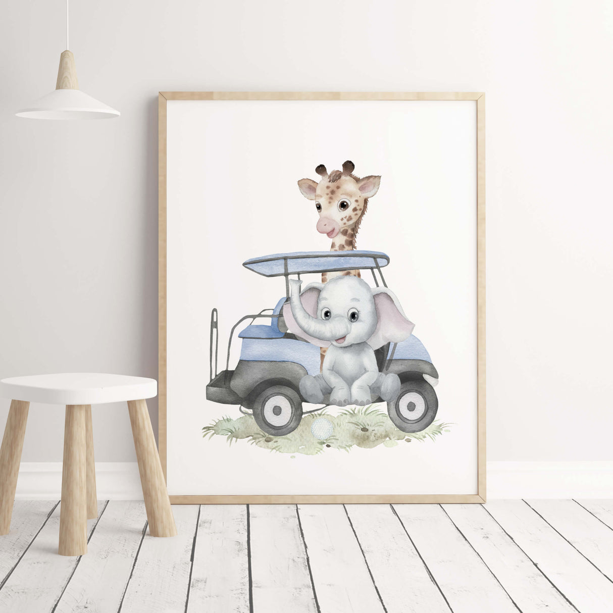 Watercolor golf print with golf car, giraffe and elephant in blue color for boys room decor and toddler room decor.