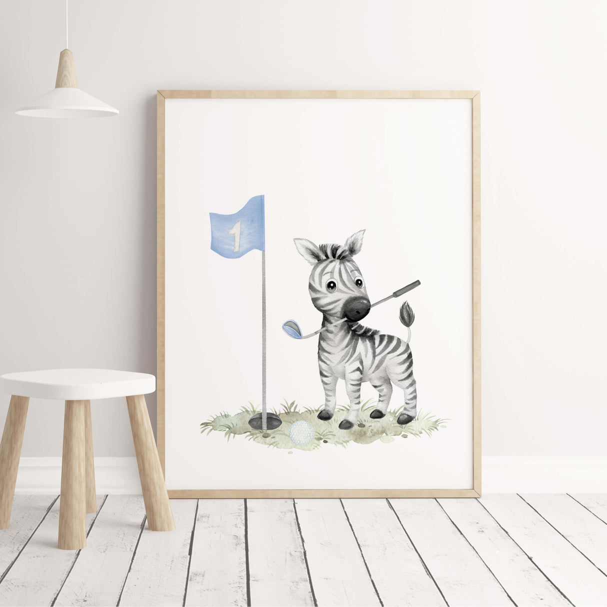 Watercolor golf print with zebra in blue color for boys room decor and toddler room decor.