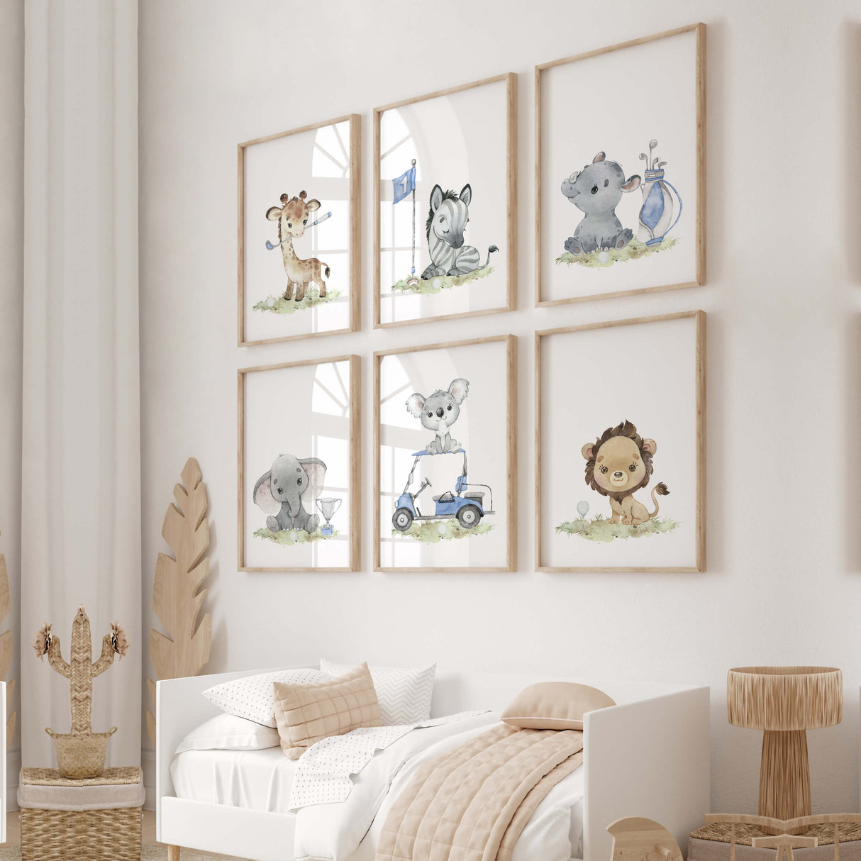 Watercolor safari animals golf nursery print with giraffe, zebra, rhino, elephant, koala, lion and blue golf accessories for baby boys room decor, toddler room decor.