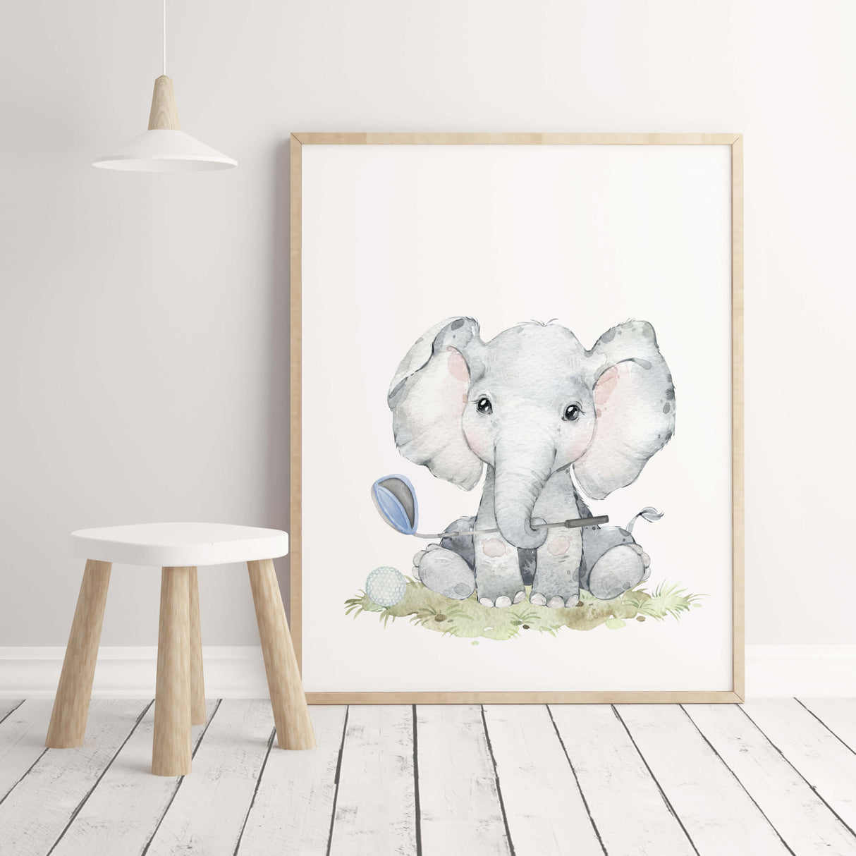 Watercolor golf nursery printable with safari animals: elephant, hippo, elephant in light blue, brown, gray colors for toddler room decor and boys room decor, sport nursery decor, golf nursery decor.
