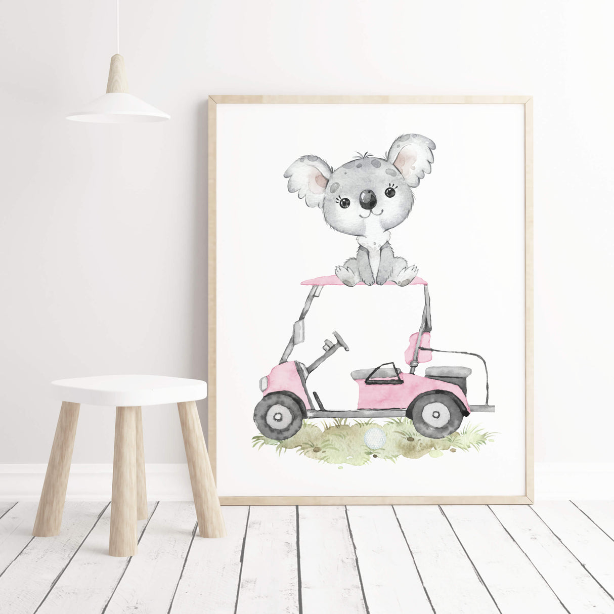 Watercolor safari animals with golf nursery printable with koala in gray, brown and pink colors for baby girls room decor and kids room decor.