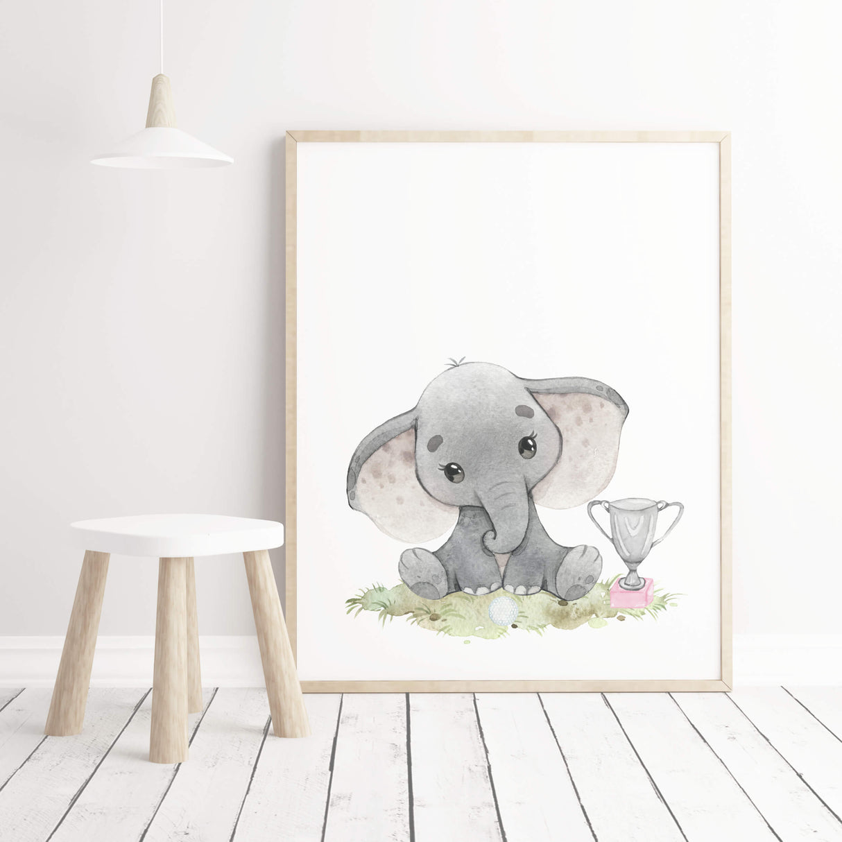 Watercolor safari animals with golf nursery printable with elephant in gray, brown and pink colors for baby girls room decor and kids room decor.