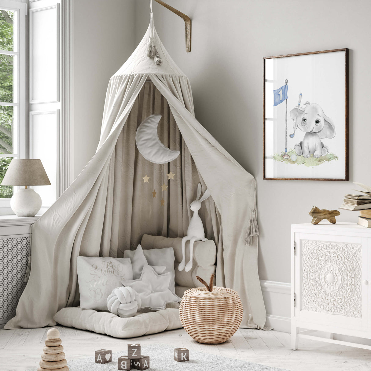 Watercolor golf nursery print with elephant with brown, gray, blue colors for baby boys room decor, toddler room decor.