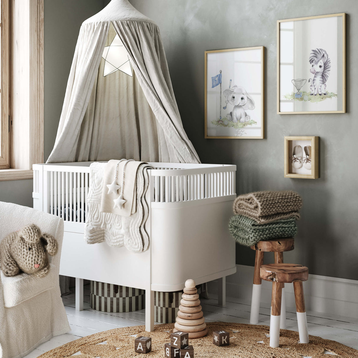 Watercolor golf nursery print with elephant and zebra with brown, gray, blue colors for baby boys room decor, toddler room decor.