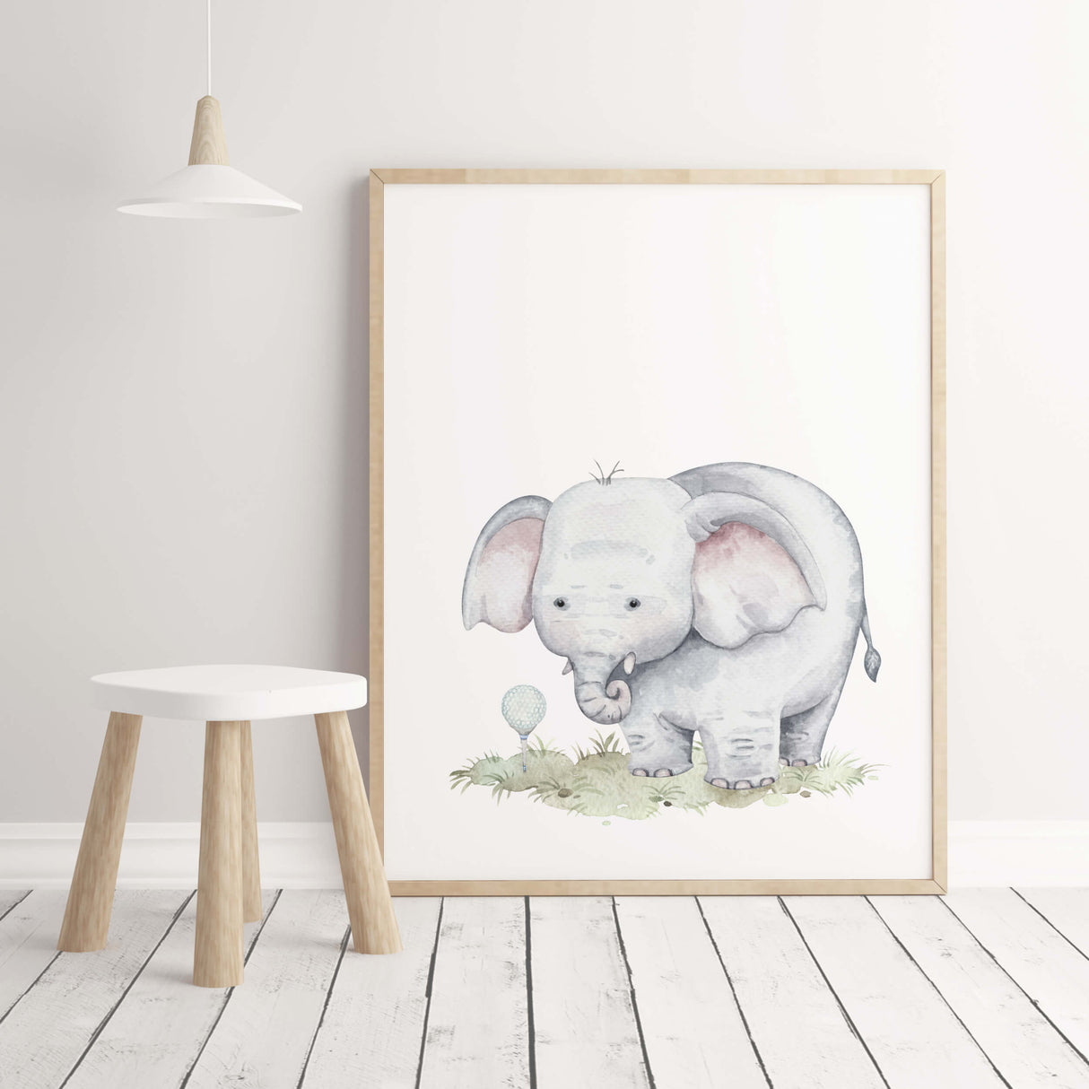 Watercolor golf safari print with elephant in blue, gray, brown colors for baby boys room decor and toddler room decor.