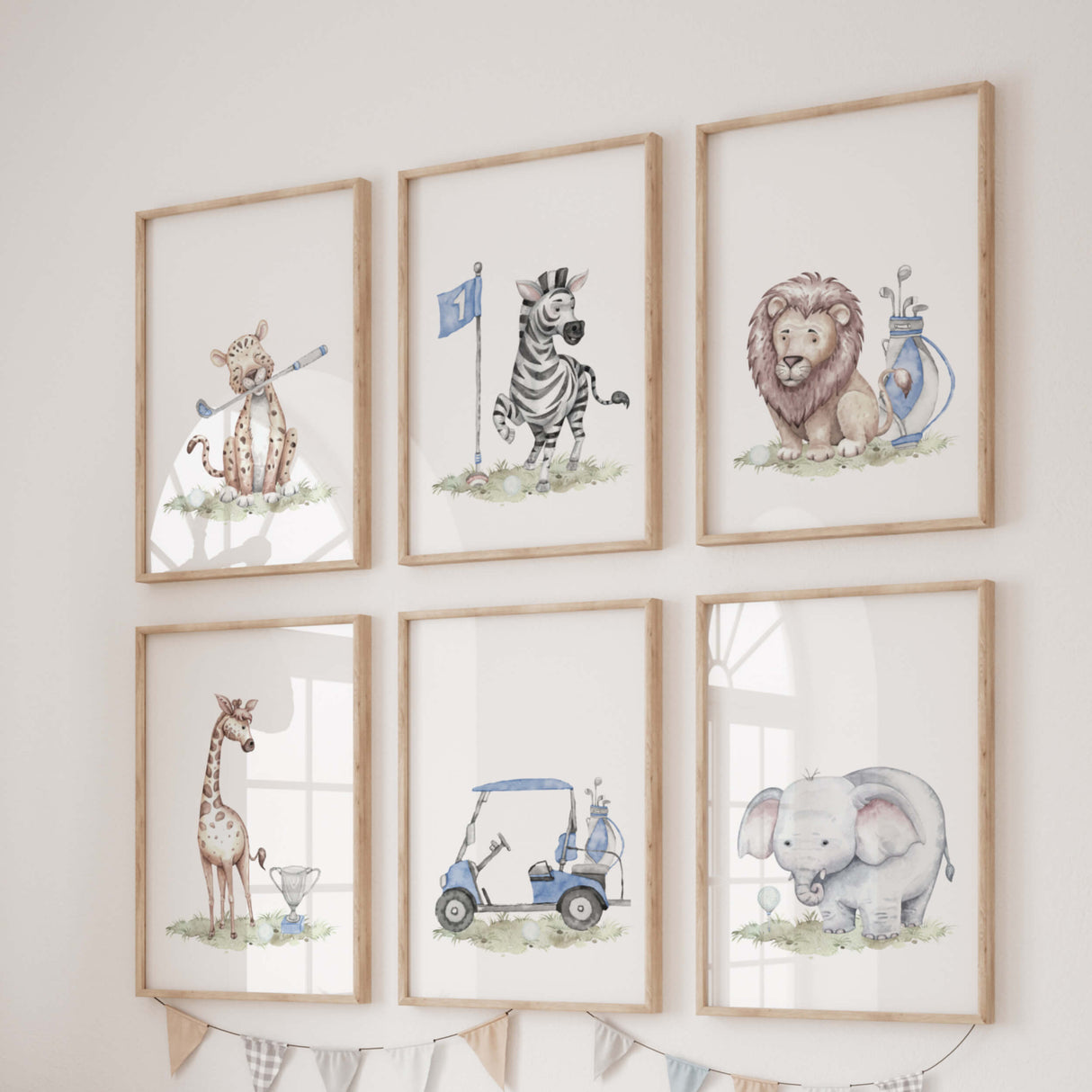 Watercolor golf safari print with leopard, zebra, lion, giraffe, elephant in blue, gray, brown colors for baby boys room decor and toddler room decor.