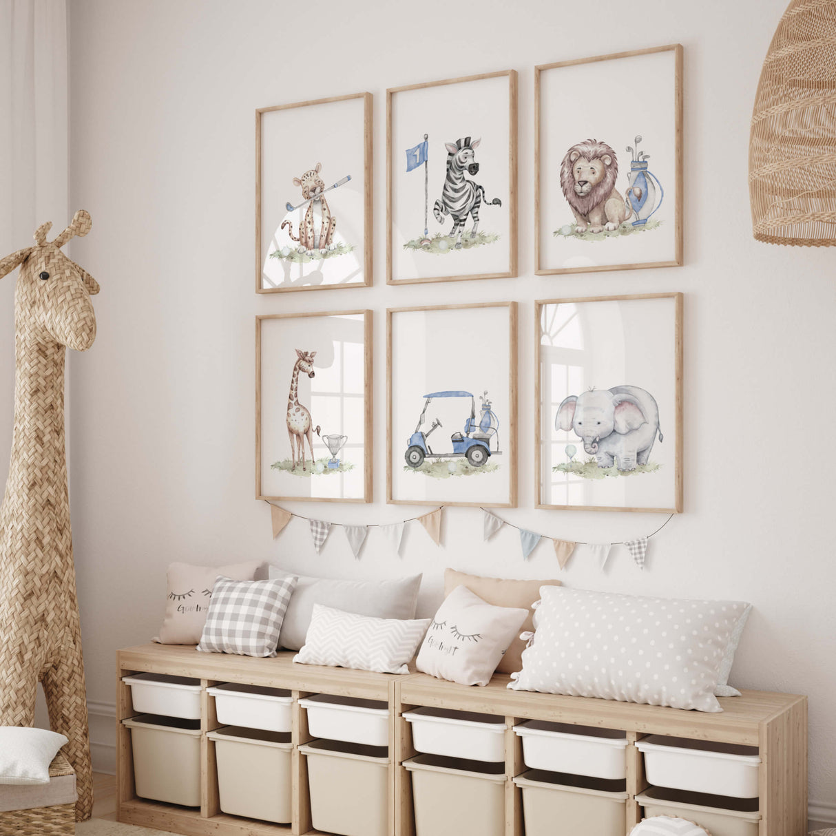 Watercolor golf safari printable with leopard, zebra, lion, giraffe, elephant in blue, gray, brown colors for baby boys room decor and toddler room decor.