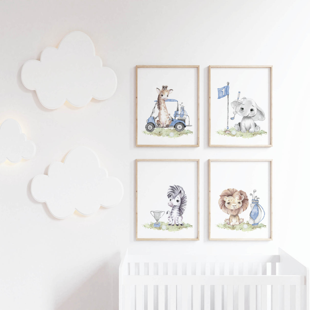 Watercolor golf nursery poster with safari animals with brown, gray, blue colors for baby boys room decor, toddler room decor, includes: giraffe, elephant, zebra, lion