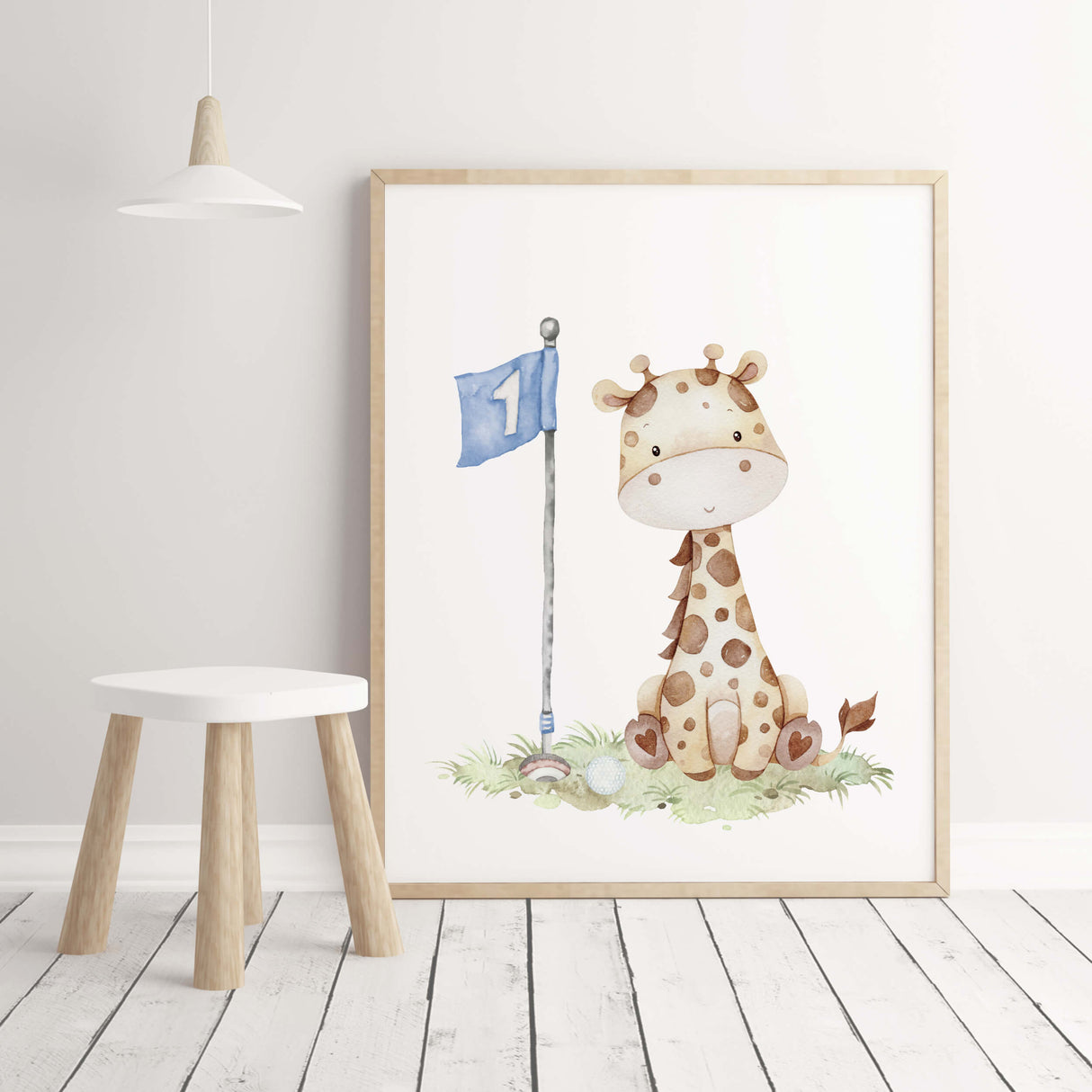 Watercolor golf nursery print with giraffe in blue, gray, brown colors for boyrs room decor and toddler room decor, golf nursery decor, sport nursery decor.