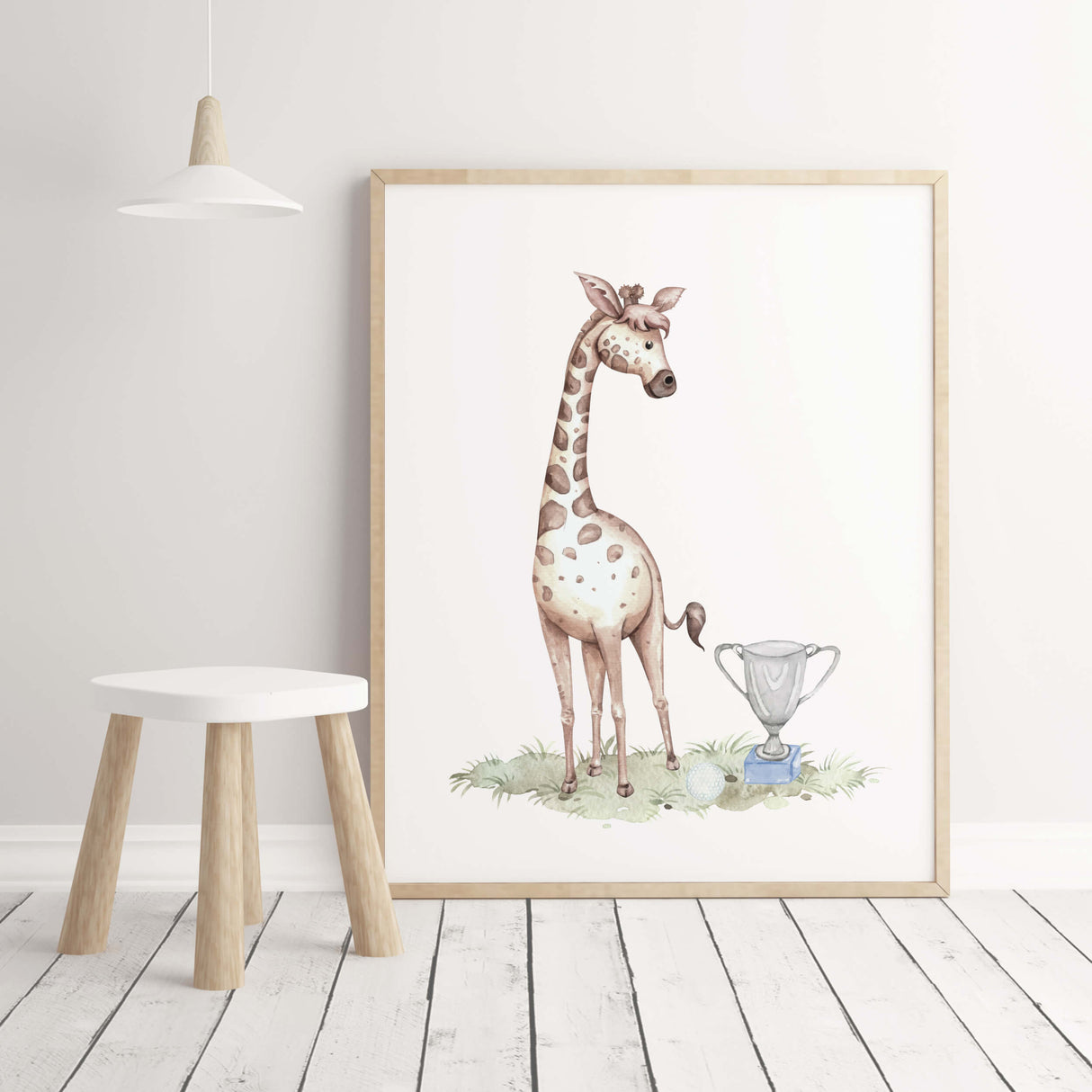 Watercolor golf safari print with giraffe in blue, gray, brown colors for baby boys room decor and toddler room decor.