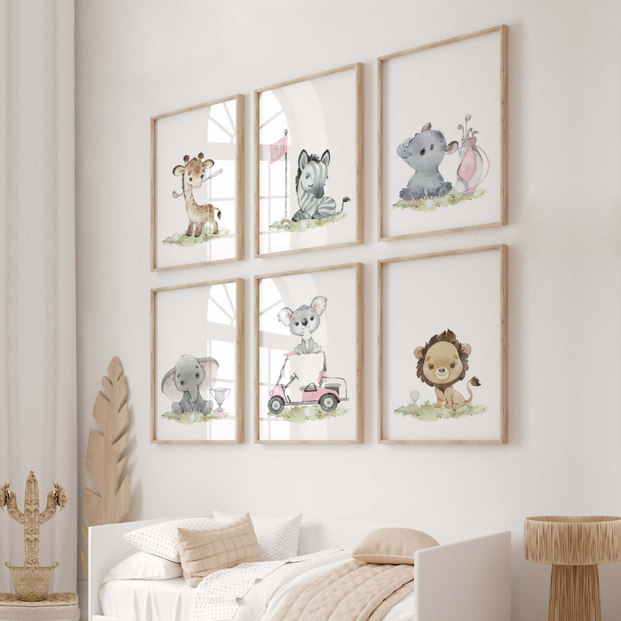 Watercolor safari animals with golf nursery print with giraffe, zebra, rhino, elephant, koala, lion in gray, brown and pink colors for baby girls room decor and kids room decor.