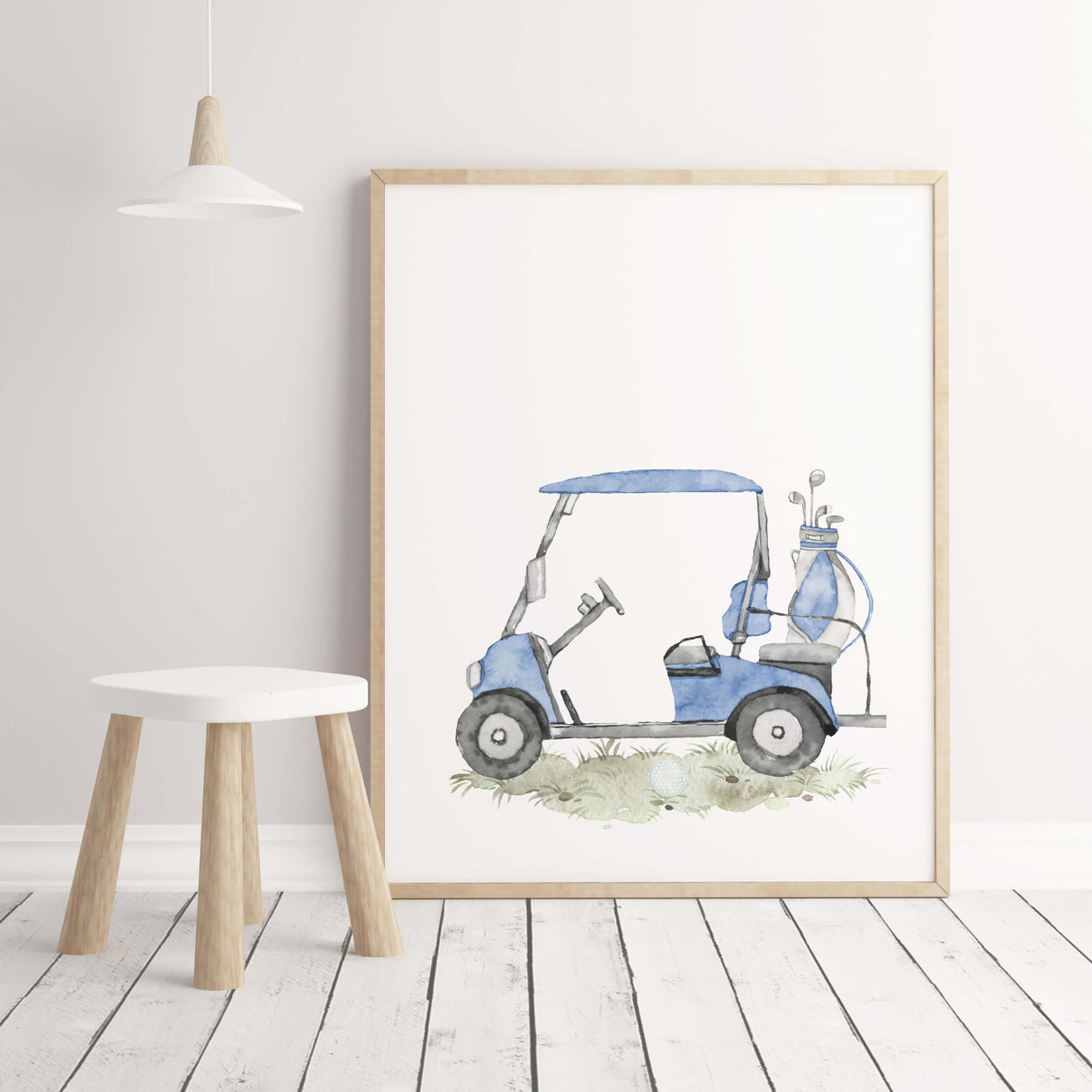 Watercolor golf nursery print with golf car in blue, gray, brown colors for baby boys room decor and toddler room decor.