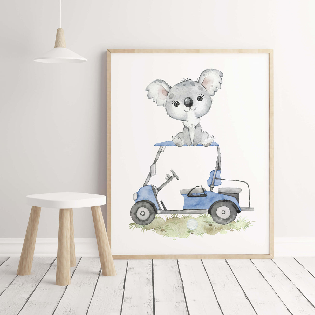 Watercolor safari animals golf nursery poster with koala and blue golf accessories for baby boys room decor, toddler room decor.