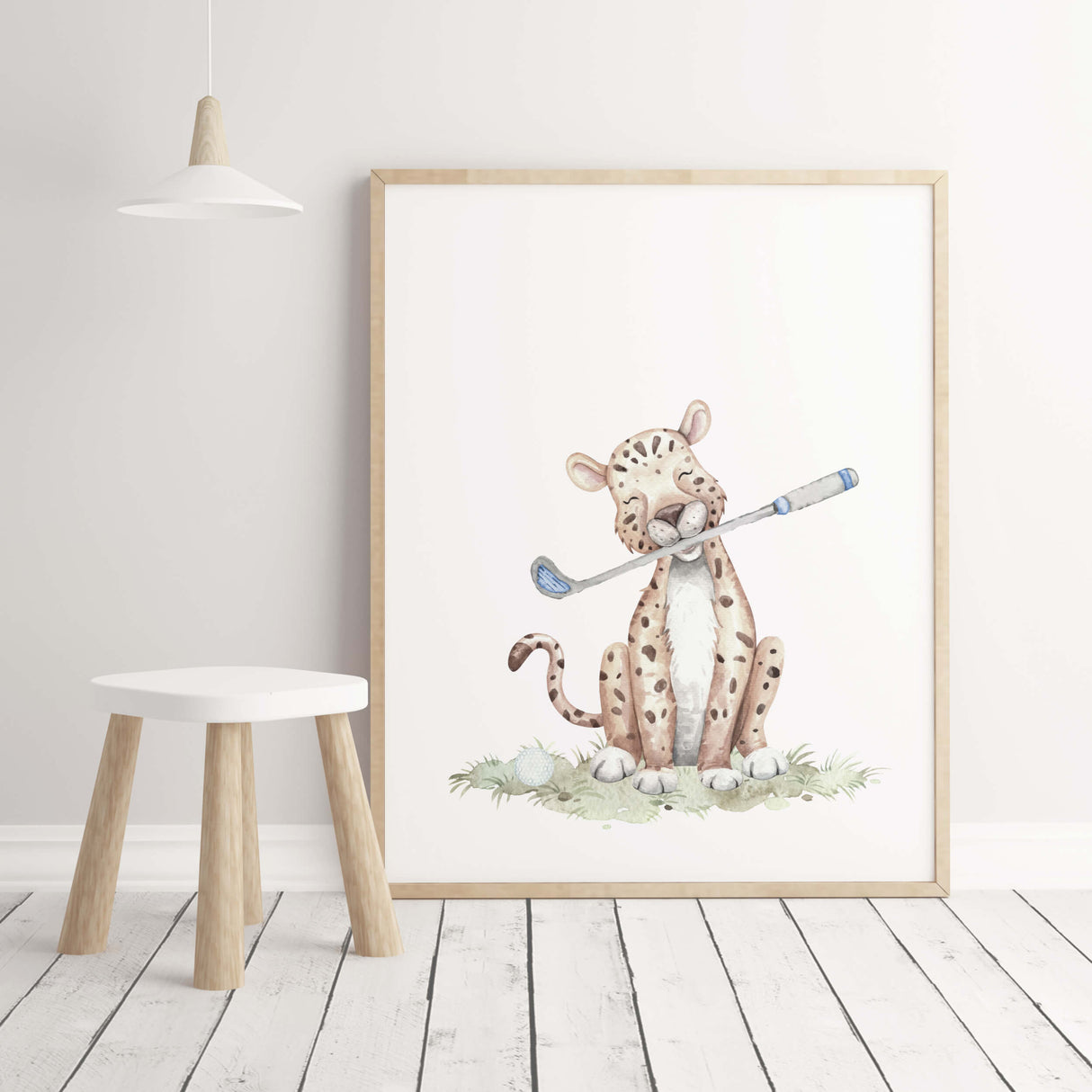 Watercolor golf safari print with leopard in blue, gray, brown colors for baby boys room decor and toddler room decor.