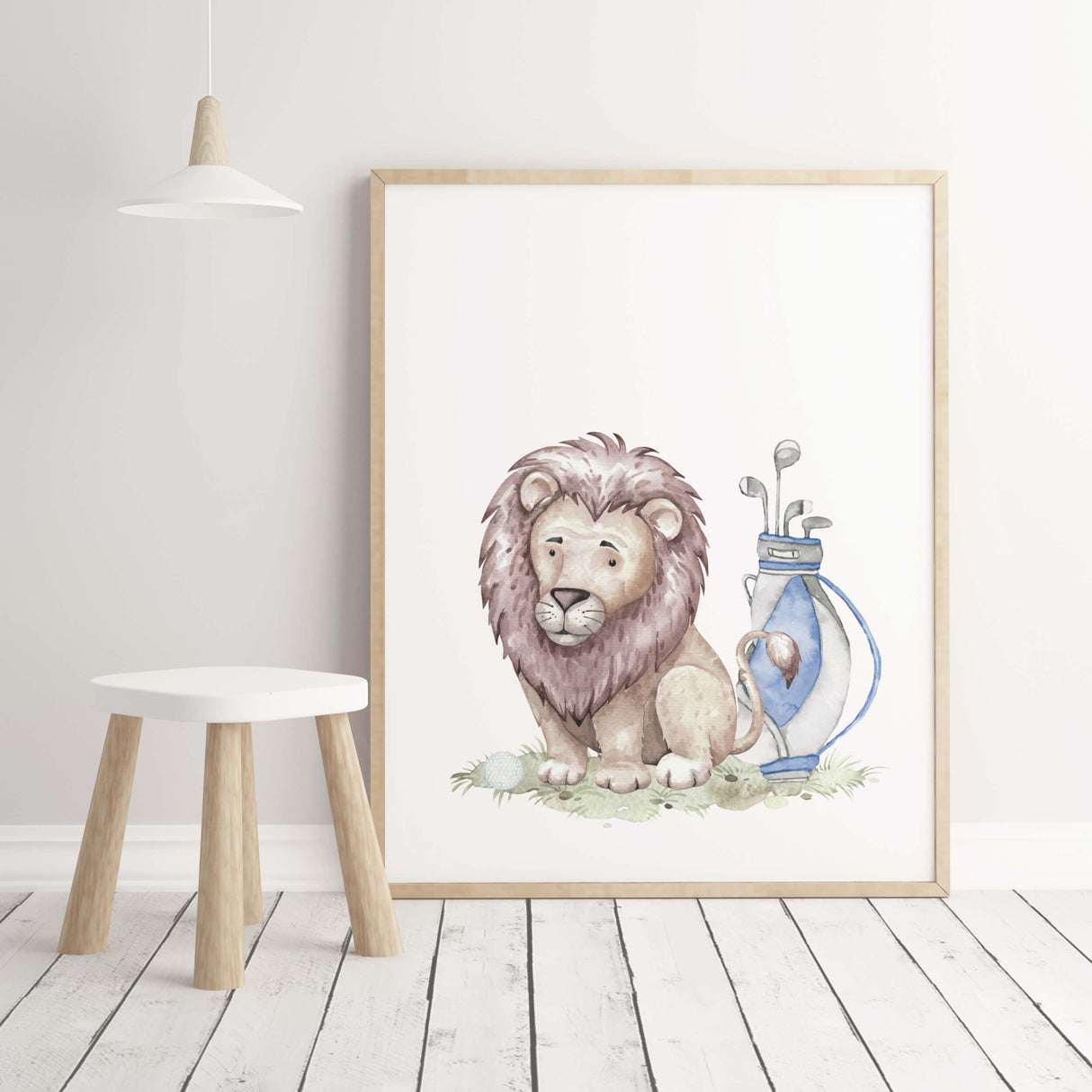 Watercolor golf safari print with lion in blue, gray, brown colors for baby boys room decor and toddler room decor.