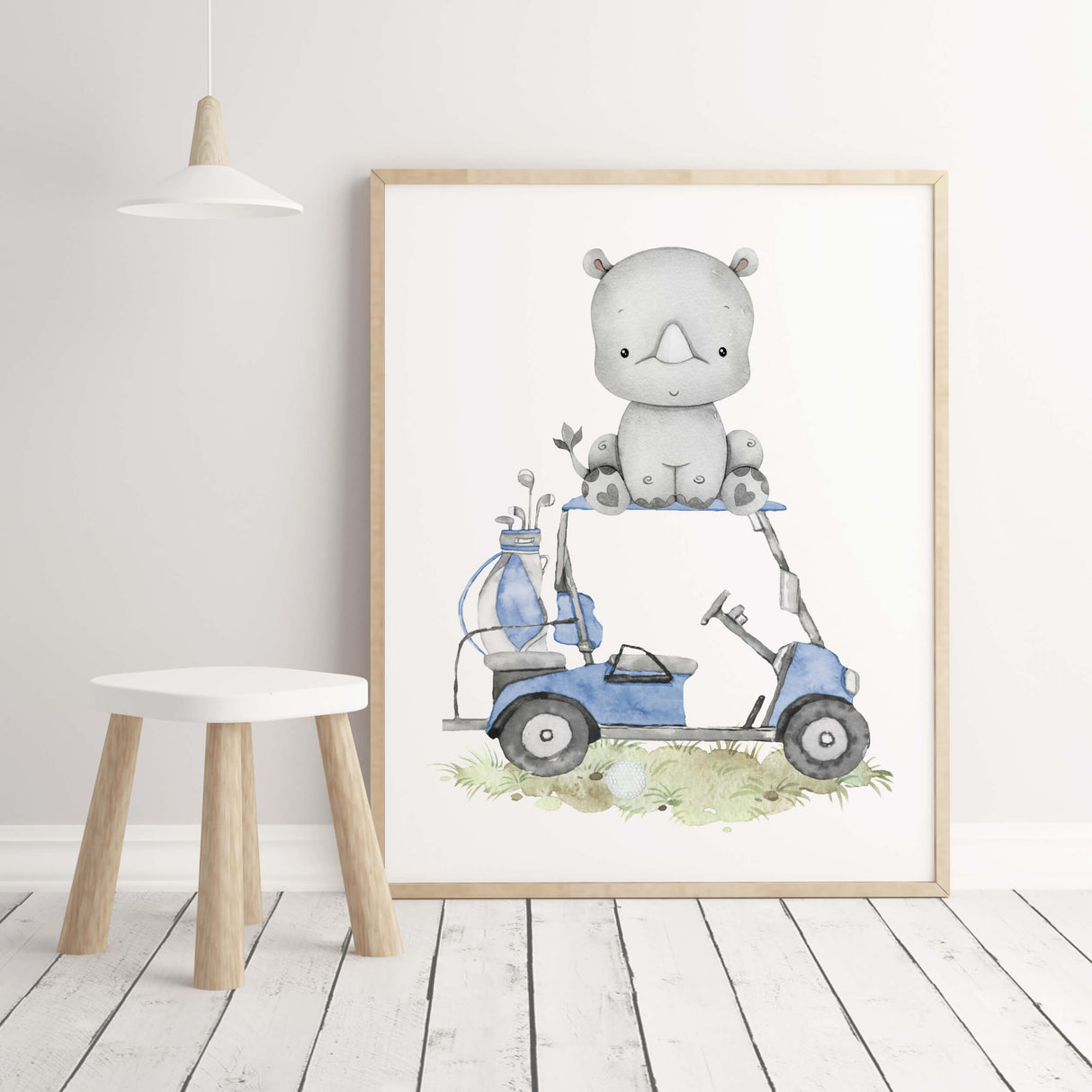 Watercolor golf nursery print with rhino in blue, gray, brown colors for boyrs room decor and toddler room decor, golf nursery decor, sport nursery decor.