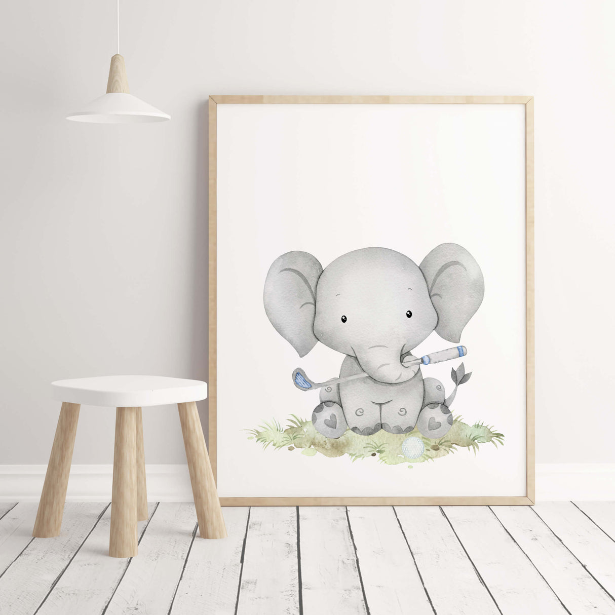 Watercolor golf nursery print with elephant in blue, gray, brown colors for boyrs room decor and toddler room decor, golf nursery decor, sport nursery decor.