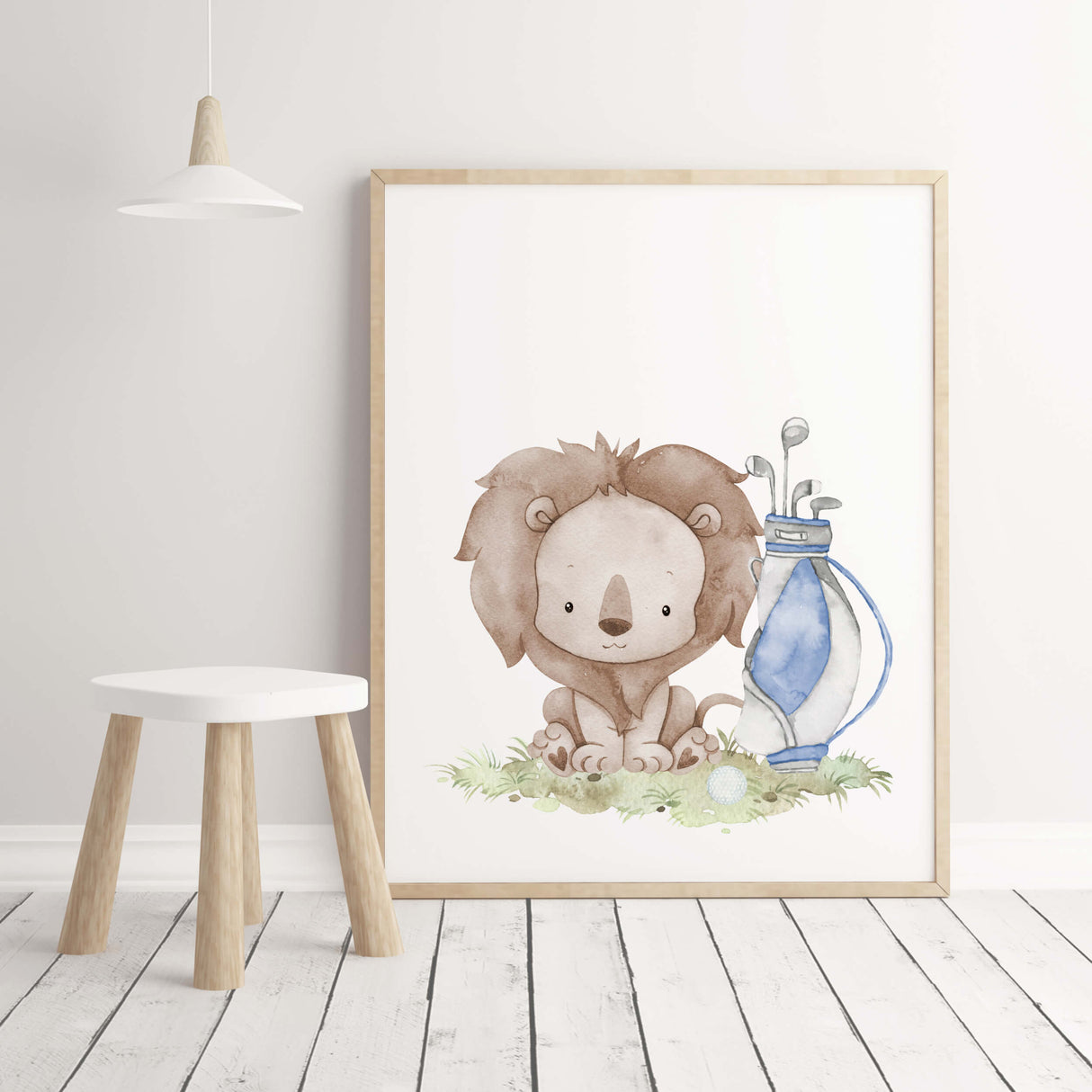 Watercolor golf nursery print with lion in blue, gray, brown colors for boyrs room decor and toddler room decor, golf nursery decor, sport nursery decor.