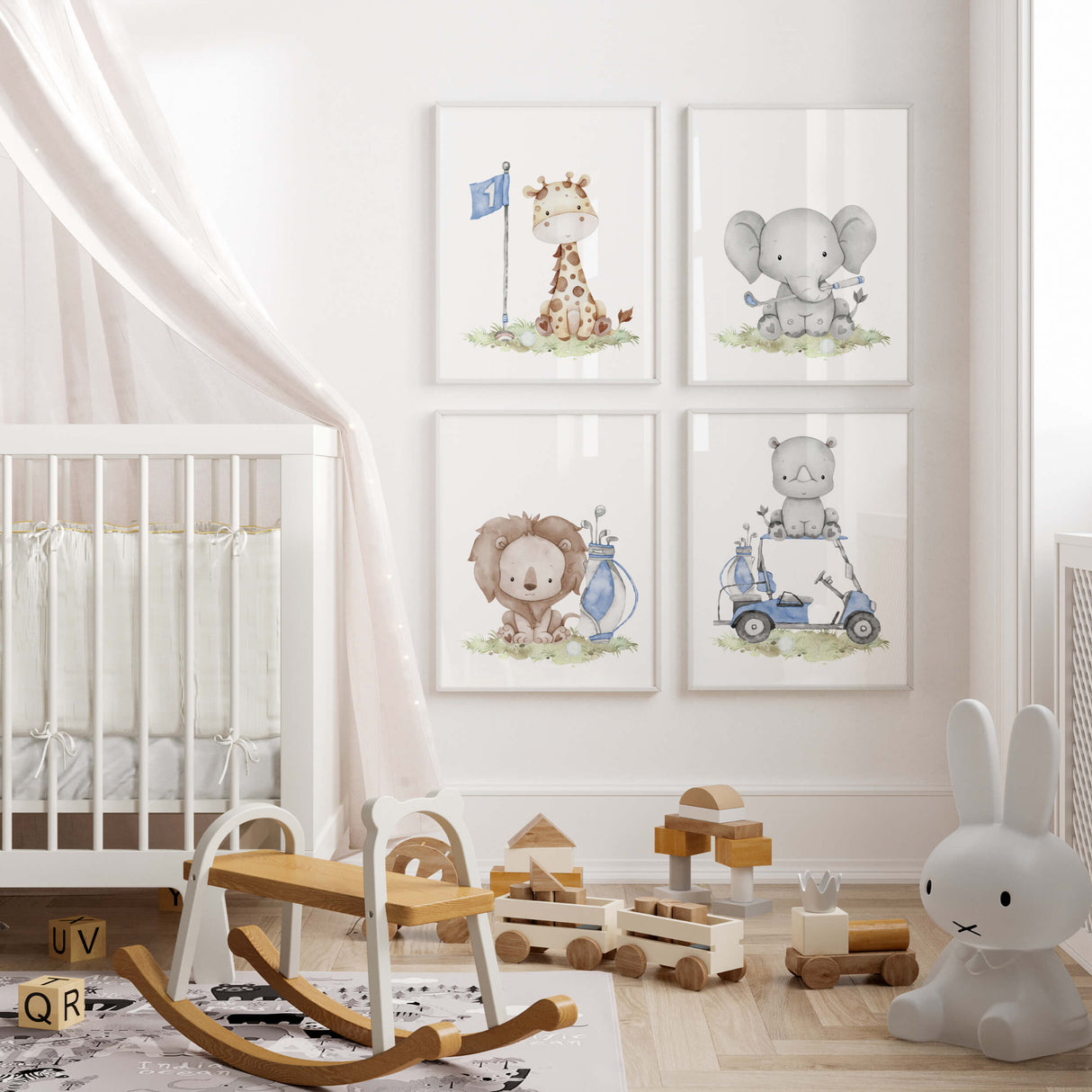 Watercolor golf nursery print with elephant, giraffe, lion, rhino in blue, gray, brown colors for boyrs room decor and toddler room decor, golf nursery decor, sport nursery decor.