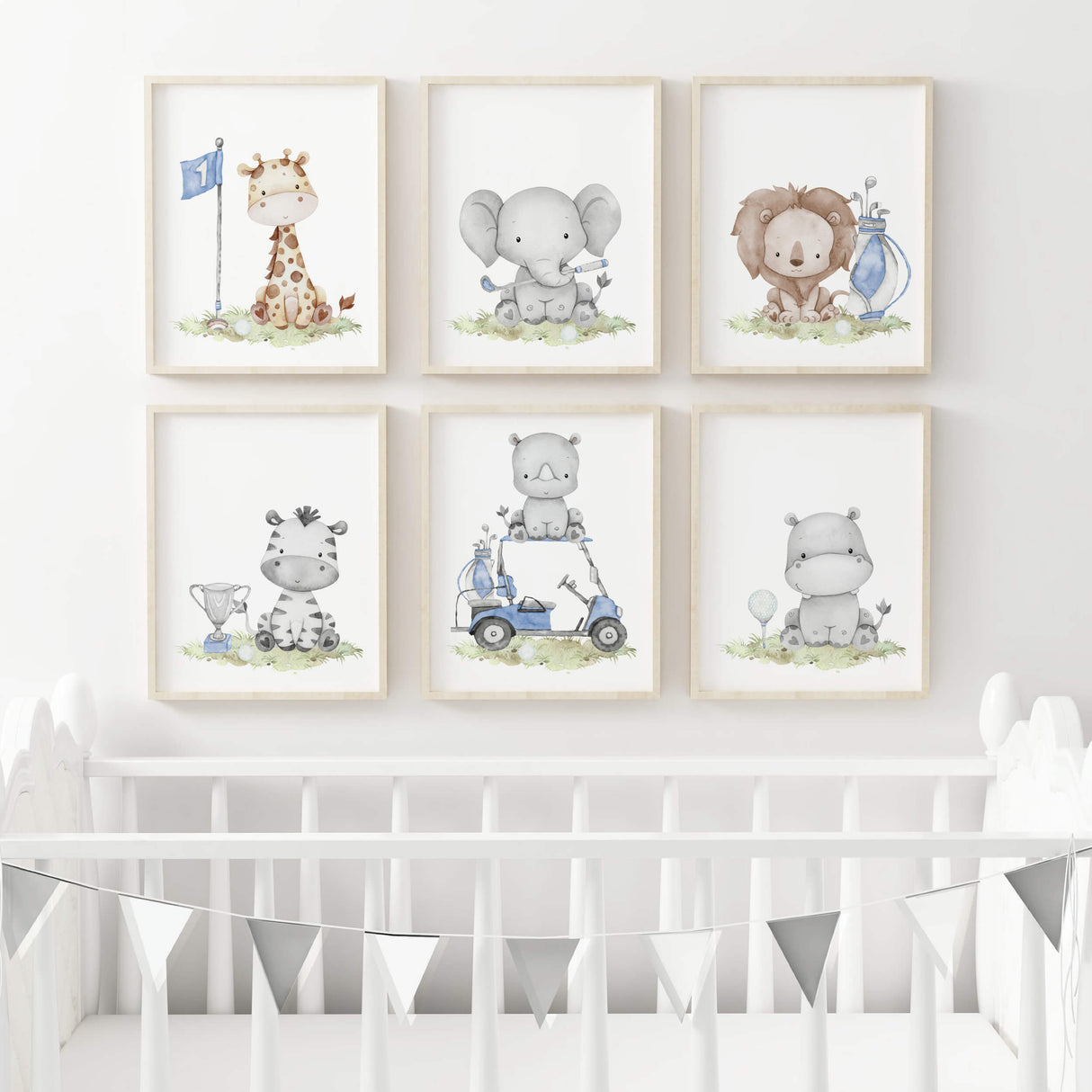 Watercolor golf nursery printable with safari animal: giraffa, elephant, lion, zebra, hippo, rhino in blue, gray, brown colors for boyrs room decor and toddler room decor, golf nursery decor, sport nursery decor.
