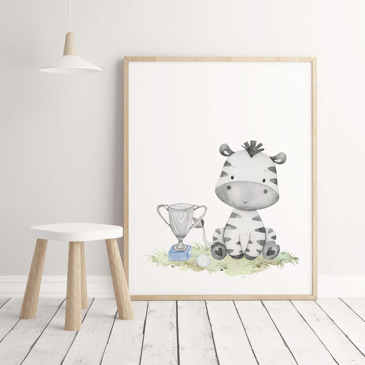 Watercolor golf nursery print with zebra in blue, gray, brown colors for boyrs room decor and toddler room decor, golf nursery decor, sport nursery decor.