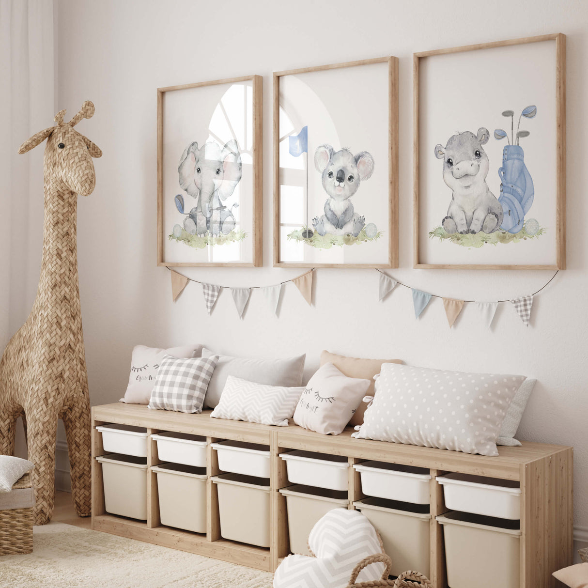 Watercolor golf nursery printable with safari animals: elephant, hippo, koala in light blue, brown, gray colors for toddler room decor and boys room decor, sport nursery decor, golf nursery decor.