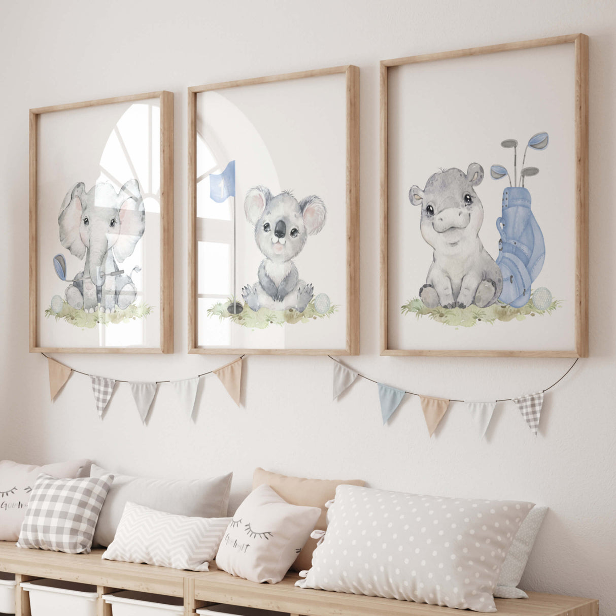 Watercolor golf nursery print with safari animals: elephant, hippo, koala in light blue, brown, gray colors for toddler room decor and boys room decor, sport nursery decor, golf nursery decor.