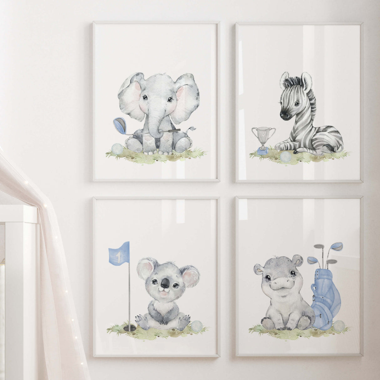 Watercolor golf nursery printable with safari animals: elephant, hippo, zebra, koala in light blue, brown, gray colors for toddler room decor and boys room decor, sport nursery decor, golf nursery decor.