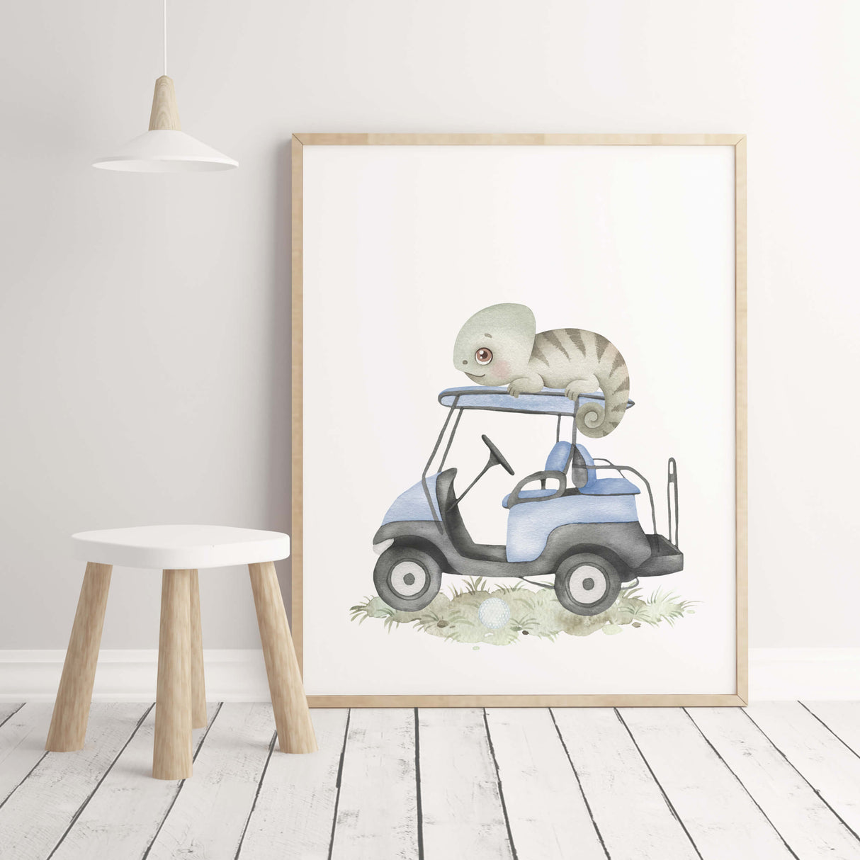 Watercolor golf animal printable with safari animals for baby boys room decor and toddler room decor, sport nursery decor.