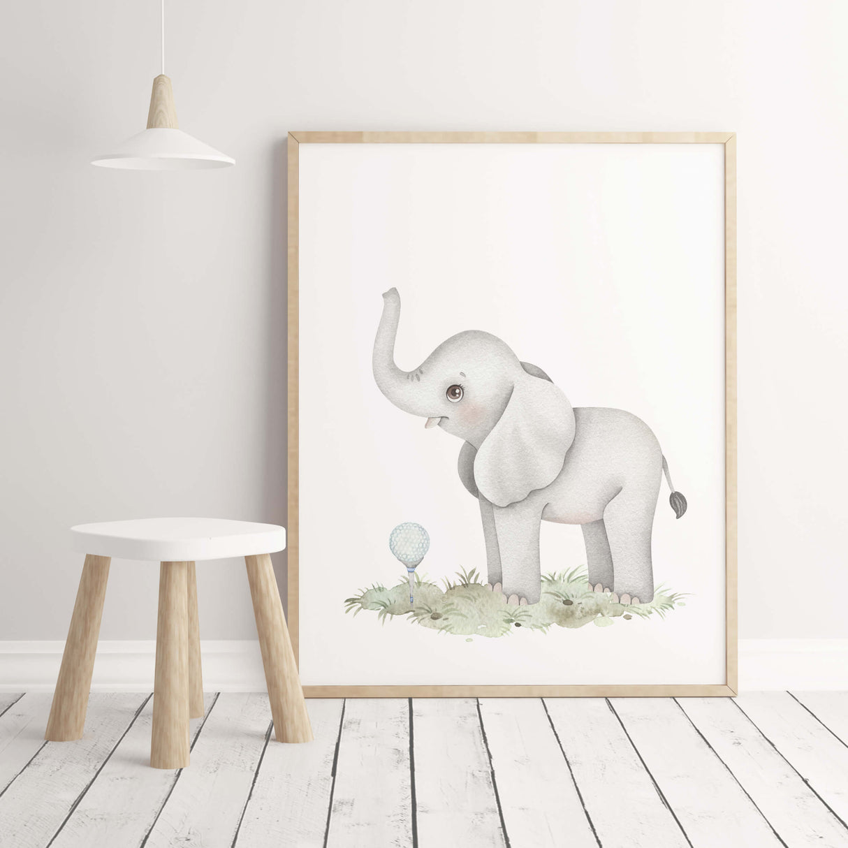 Watercolor golf animal printable with elephant for baby boys room decor and toddler room decor, sport nursery decor.